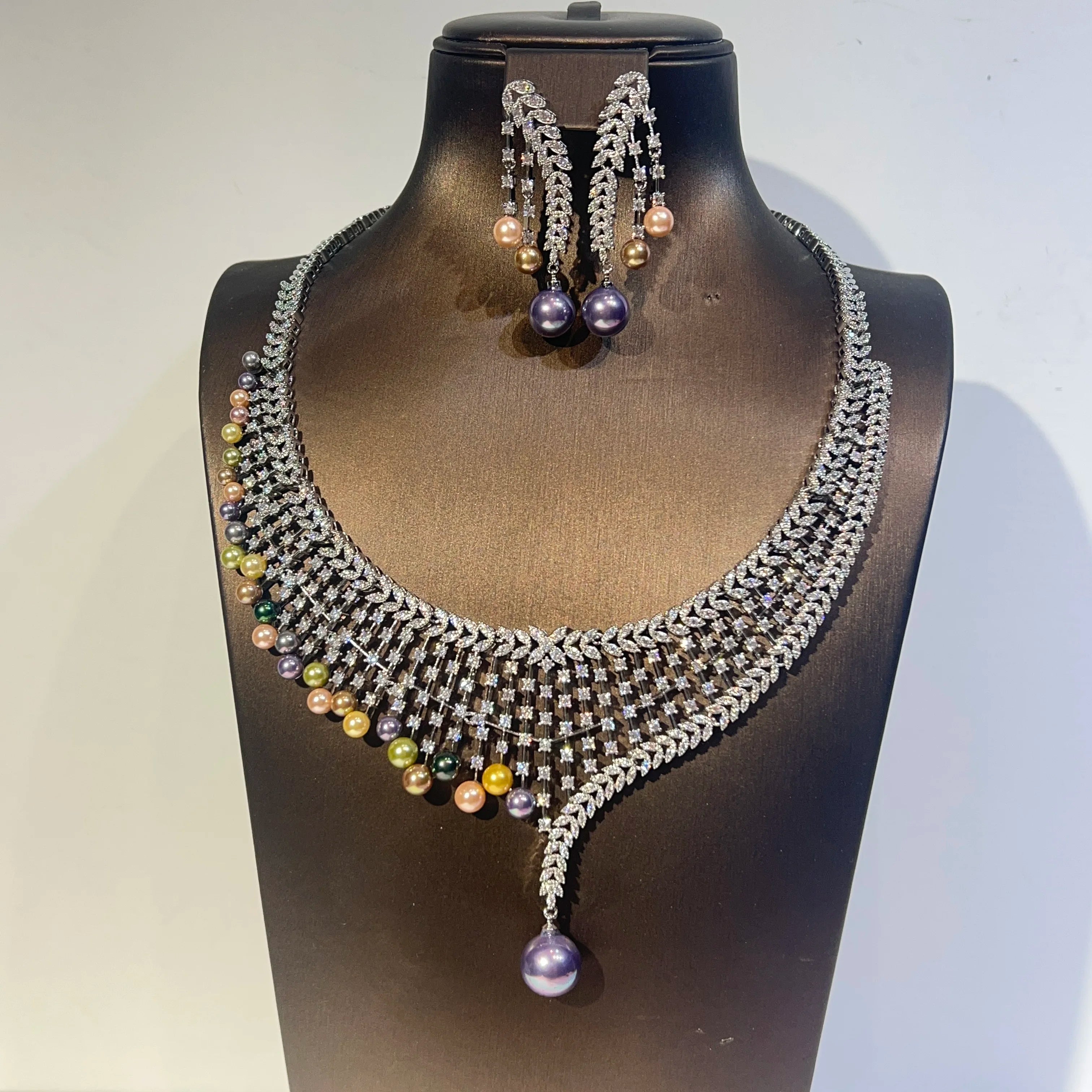 Elegant Cubic Zirconia Pearl Water Drop Necklace Set - 2 Piece Bridal Jewelry for Weddings, Anniversaries & Special Occasions