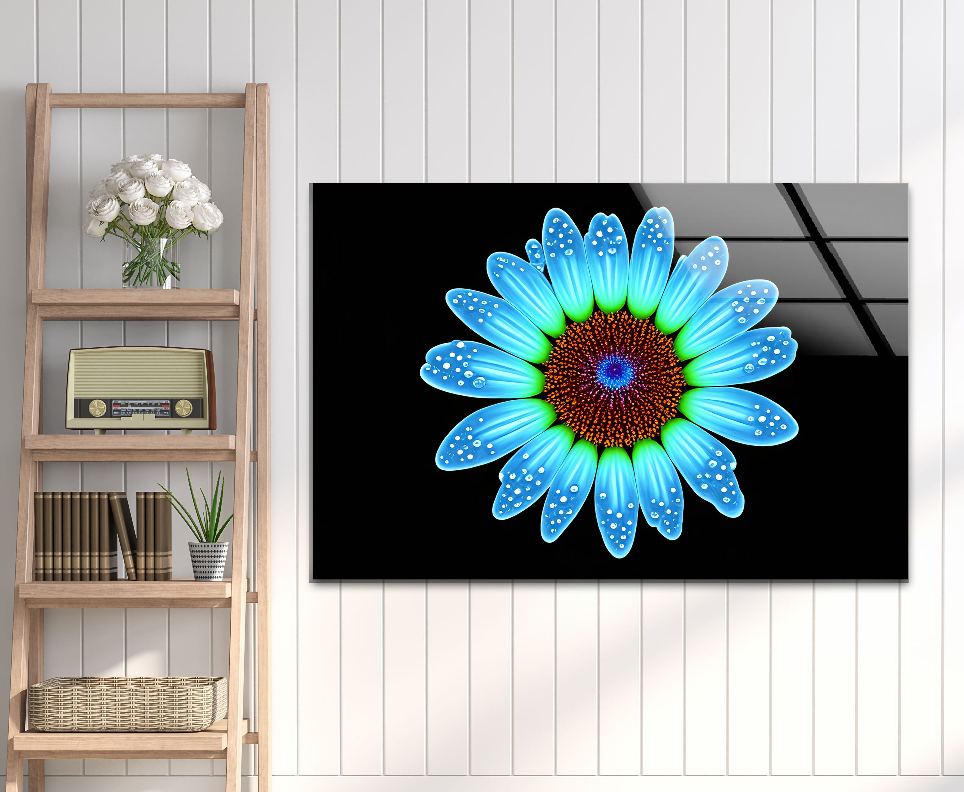 Blue Daisy Flower Wall Art - Luminous Glass Print on Black Background with Water Droplet Detail | Modern Home Decor for Living Room, Bedroom & Office | Elegant Botanical Wall Decor for Contemporary Interiors
