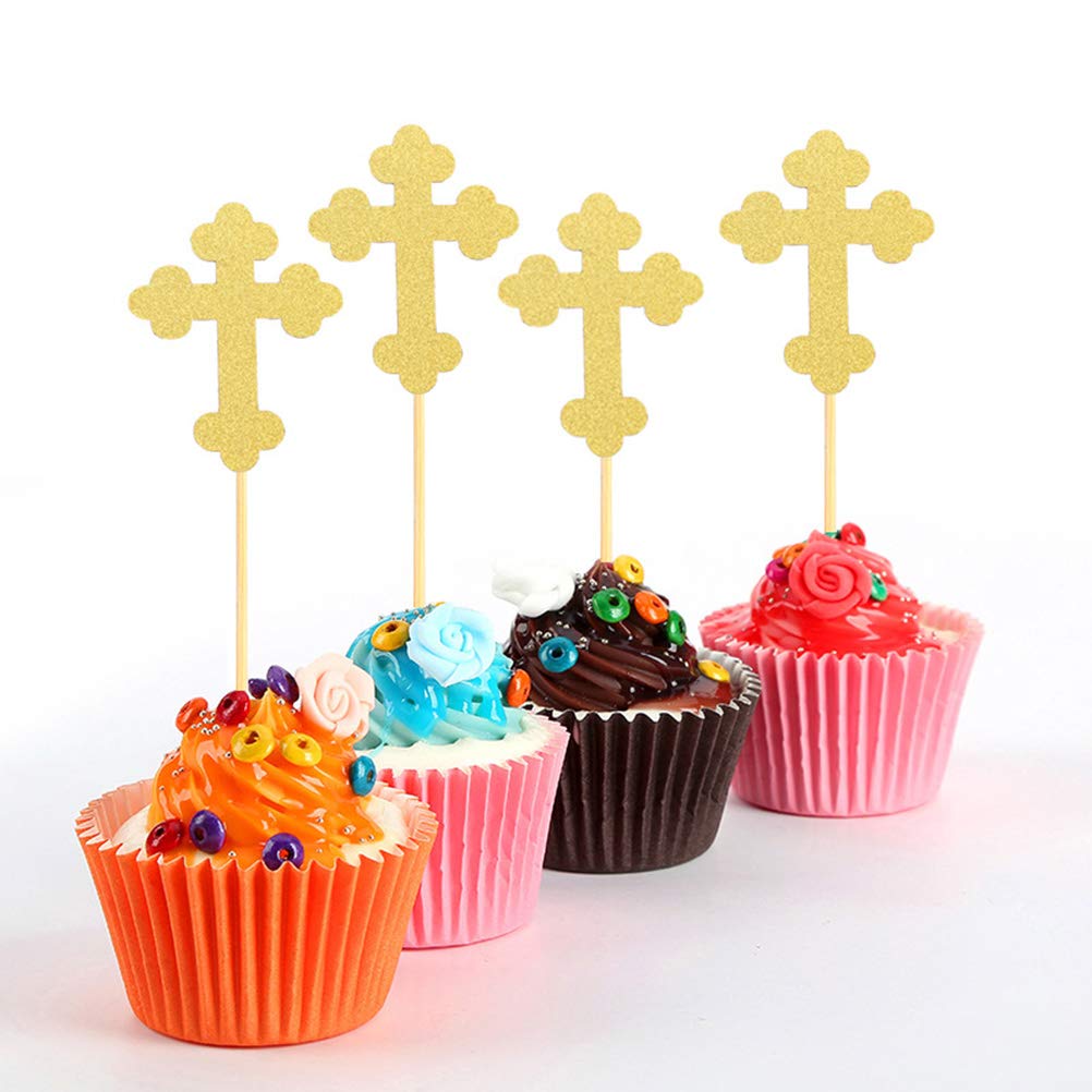 24pcs Reusable Wooden Cross Cupcake Toppers - Glitter Paper Cake Decorations for Birthday, Wedding & DIY Party Dessert Decorating - Perfect for Cupcakes, Cakes & Dessert Displays