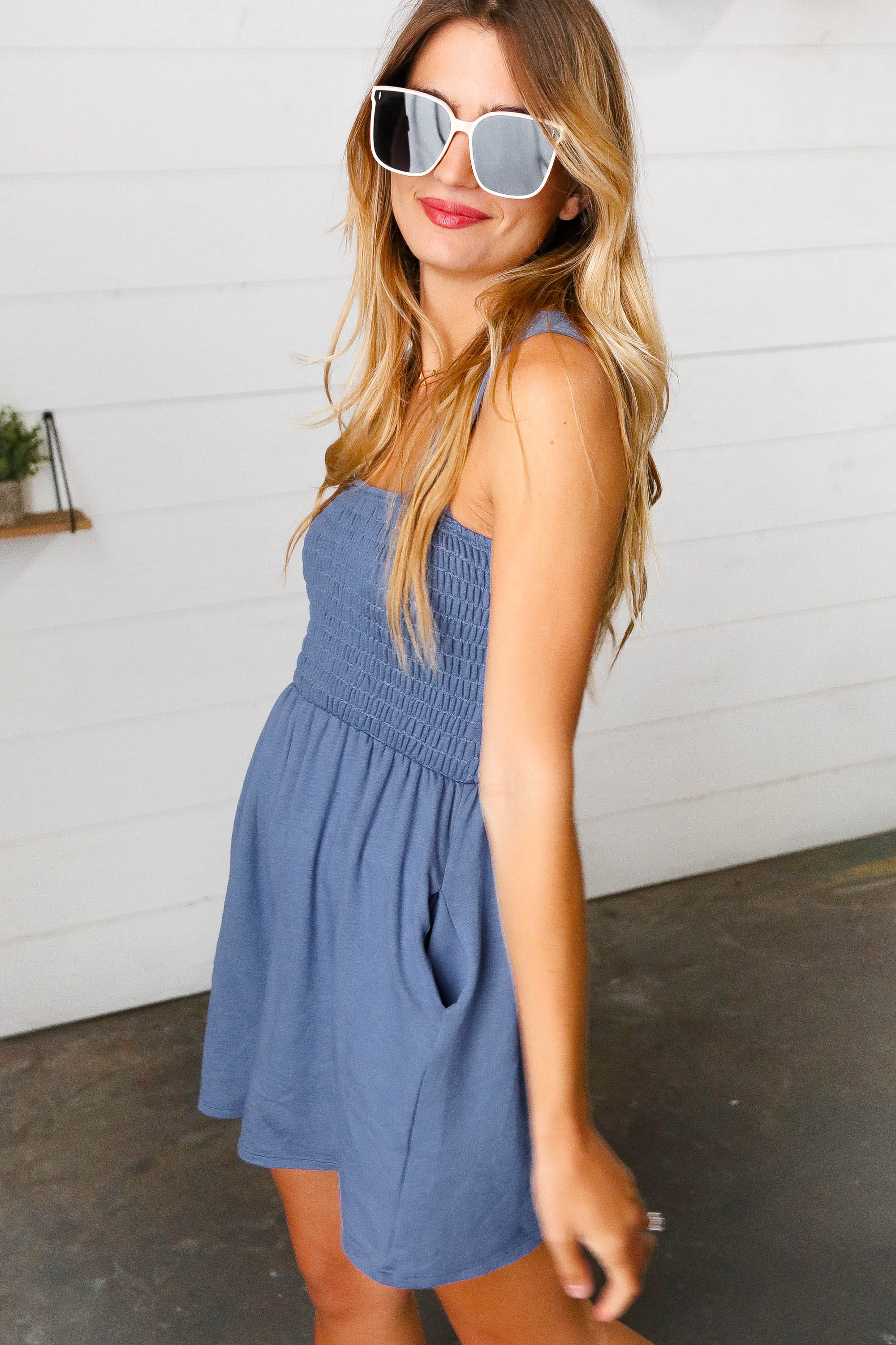 Dusty Blue Terry Smocked Tank Top Baggy Shorts Romper for Women | Casual Summer Outfit, Beachwear & Lounge Wear
