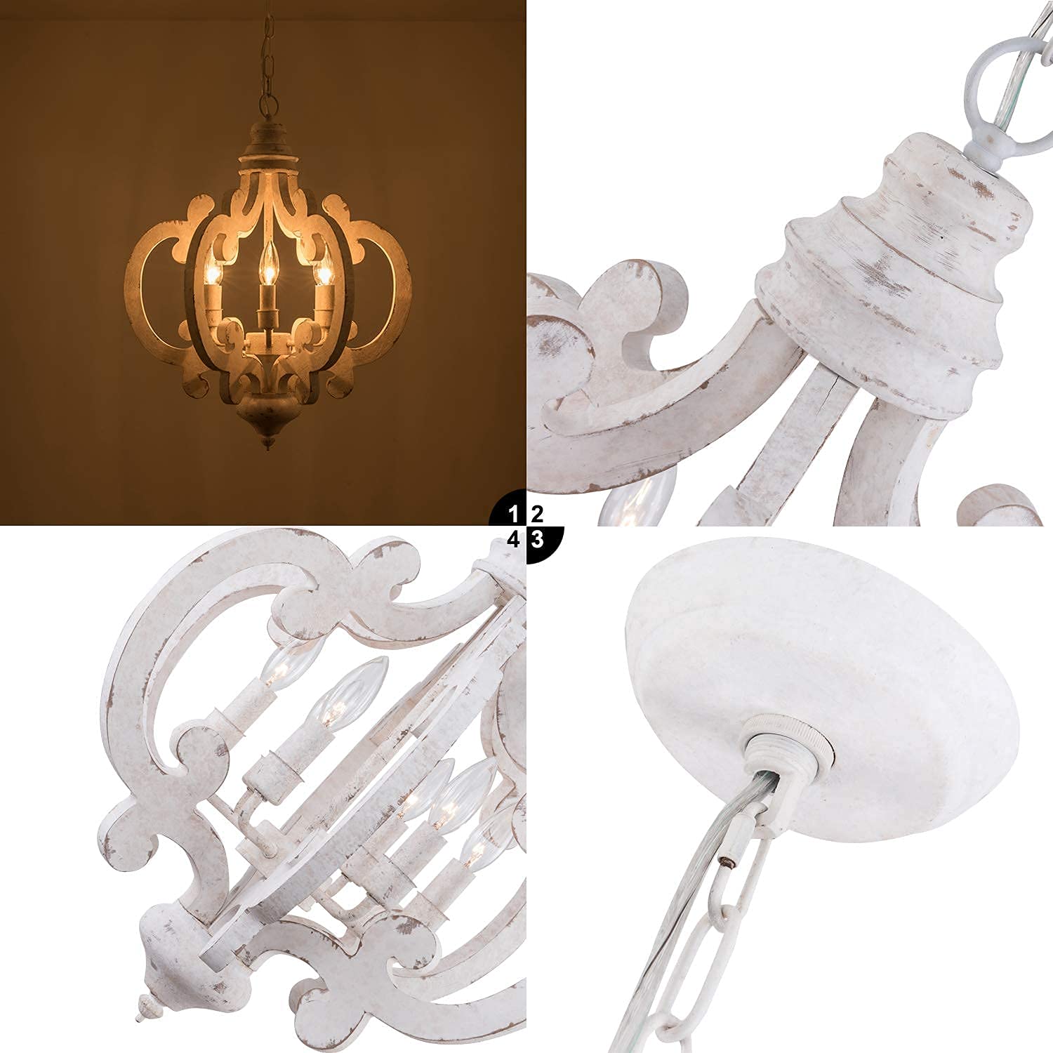 Rustic Farmhouse Wood Chandelier - 6-Light White Dining Room Pendant Light for Kitchen Island, Hallway, Foyer & Farmhouse Decor | Perfect for Dining Table, Entryway & Rustic Home Lighting