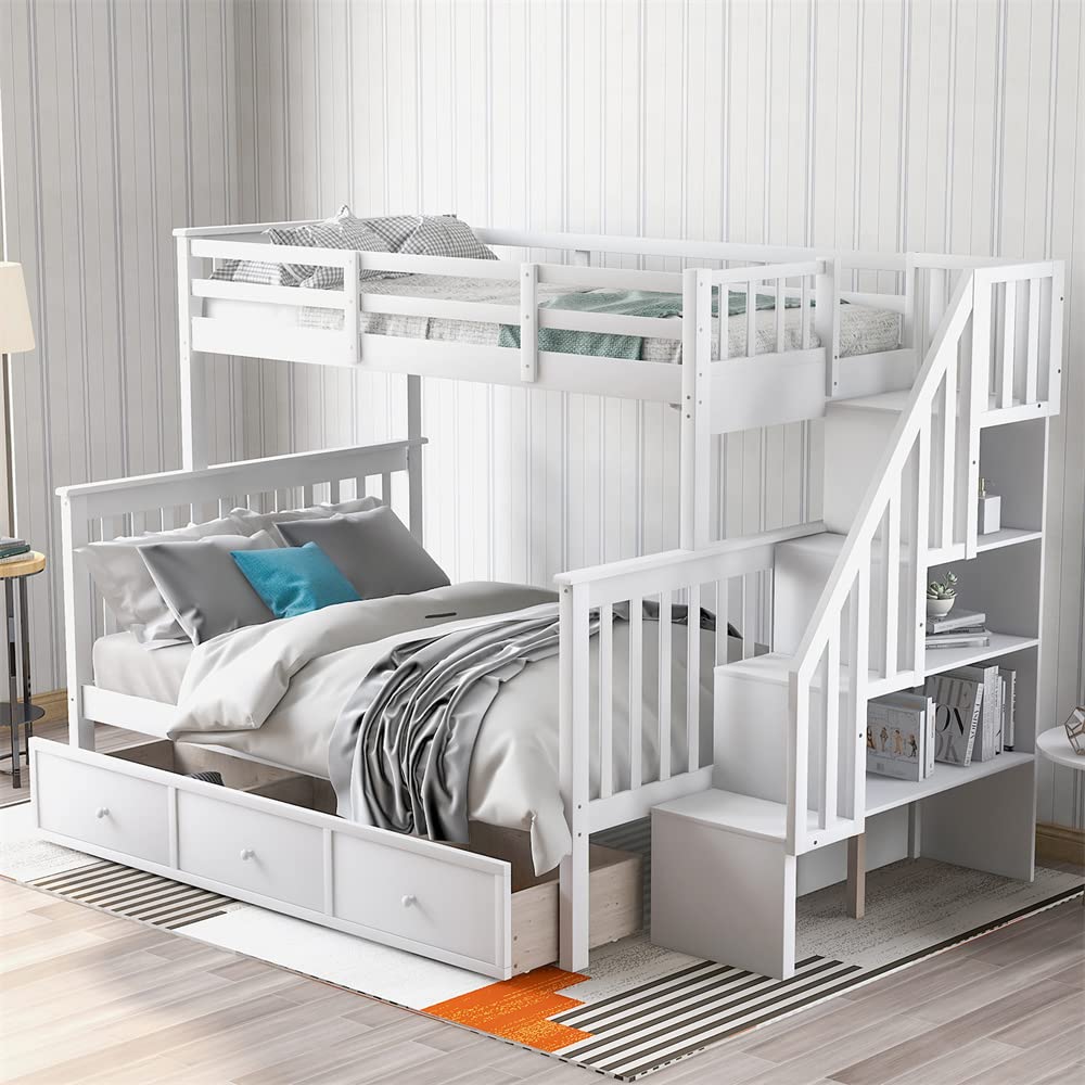 Convertible Bunk Bed with Drawers & Storage Shelves - Twin Over Full Solid Wood Bunk Bed with Stairway & Full-Length Guardrail - Splits into 2 Separate Beds - No Box Spring Required - Perfect for Kids Rooms, Guest Rooms & Small Spaces (White)
