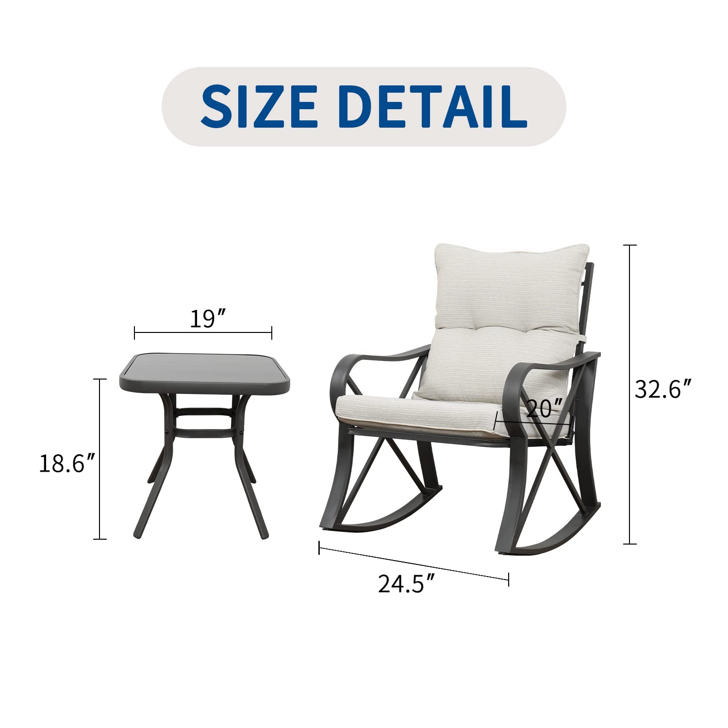 SUNBURY 3-Piece Outdoor Rocking Bistro Set with Light Beige Cushions & Glass Coffee Table - Patio Furniture for Garden, Yard, or Balcony - Perfect for Relaxing, Entertaining & Enjoying Morning Coffee