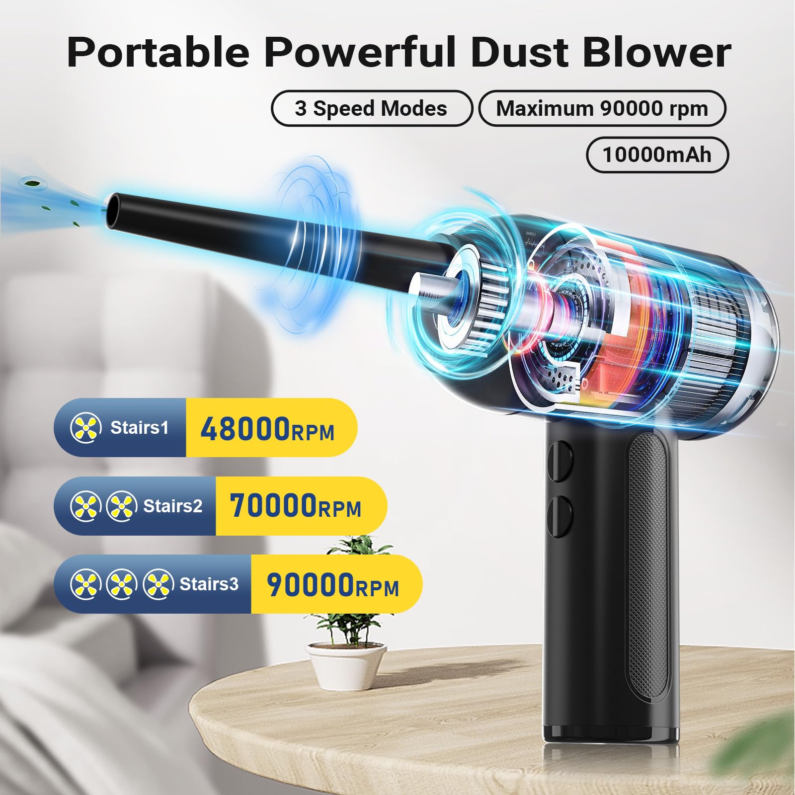 Compressed Air Dusters - Cordless Electric Keyboard Cleaner with 10000mAh Battery & 3-Speed Fast Charging | Portable Air Blower for Electronics, Computers, Office Equipment & Home Cleaning