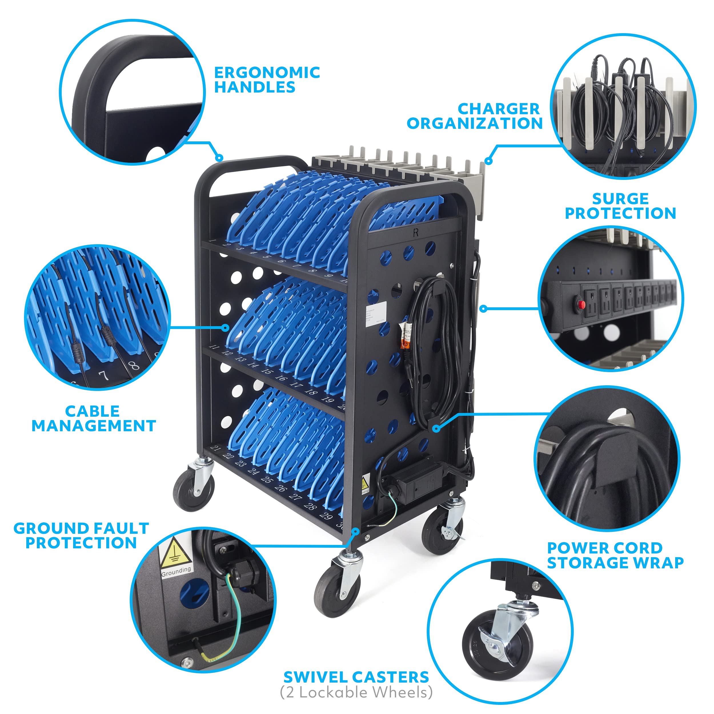 30-Unit Mobile Charging Cart for Chromebooks & Tablets - Open Charging Station with Cable Management - Black Tablet Organizer for Schools & Offices - Perfect for Classroom Tech Storage & Device Charging