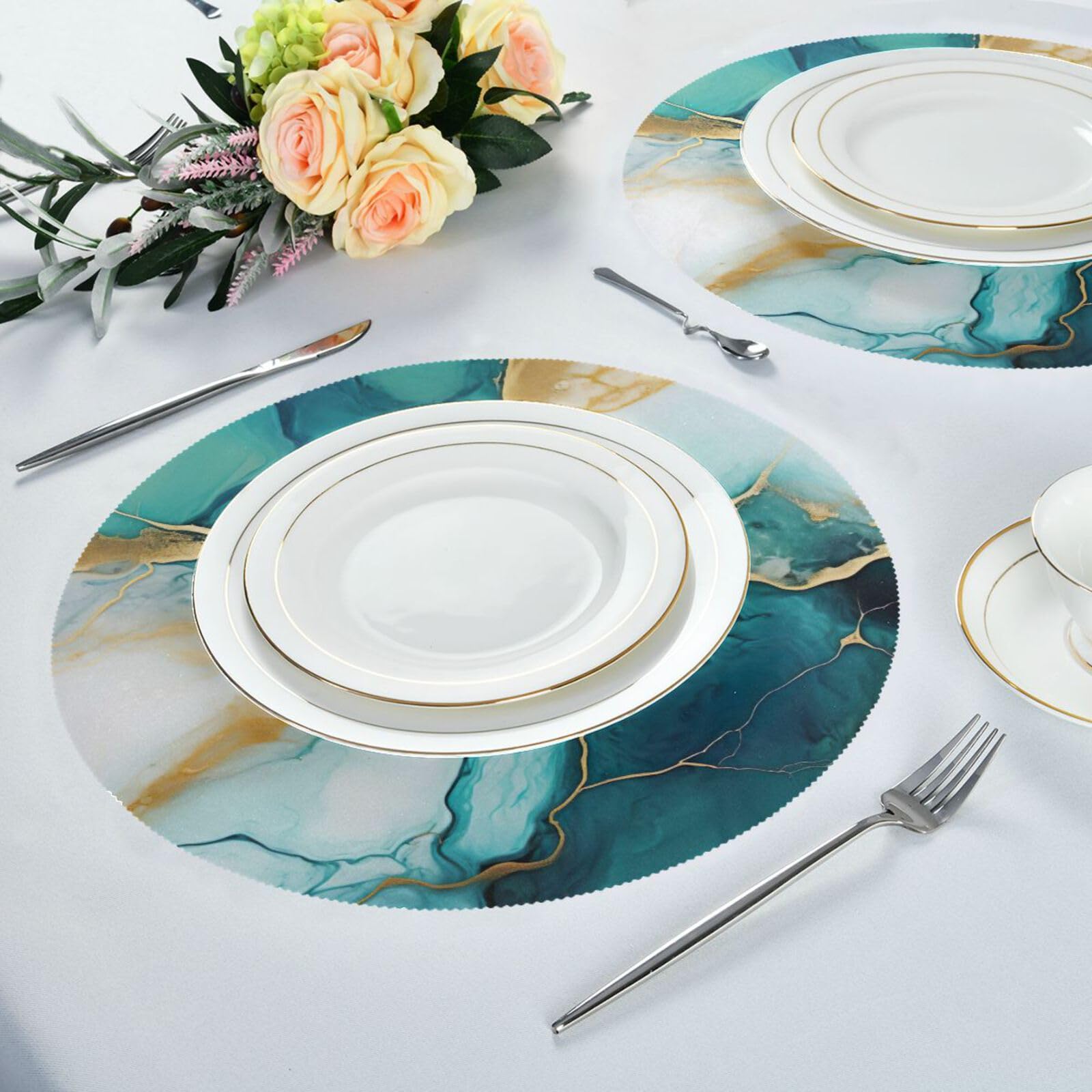 ATTX Round Placemats Set of 4 - Marble Design Non-Slip Dining Table Mats for Kitchen & Restaurant - Perfect for Dinner Parties, Family Meals and Home Decor