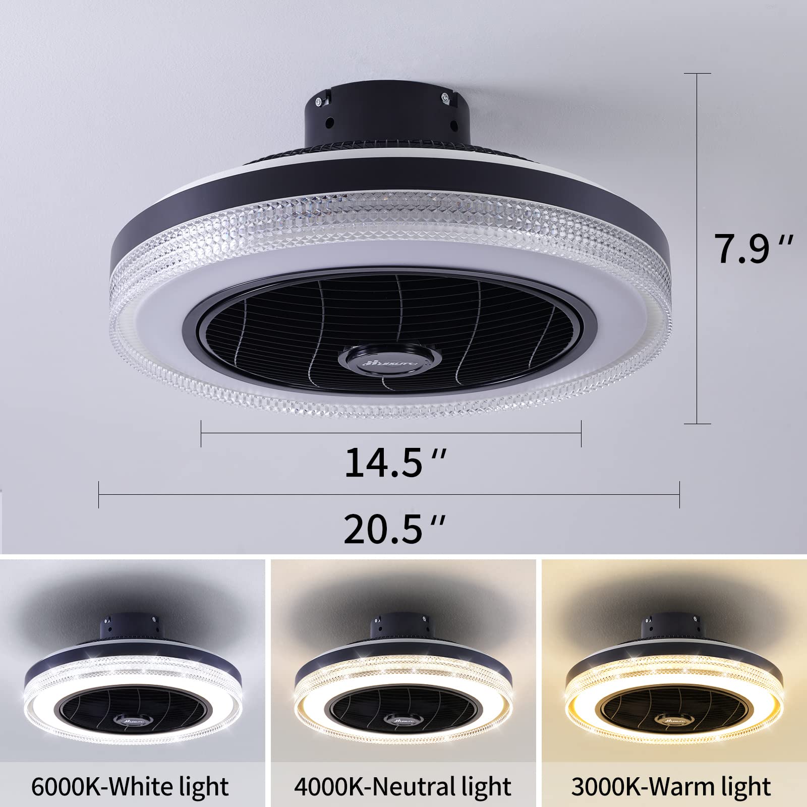 HuixuTe 21-inch Bladeless Ceiling Fan with LED Light & Remote Control - 3 Speed Settings, 3 Color Temperatures, Low Profile Flush Mount for Living Room, Kitchen, Bedroom | Perfect for Modern Home Cooling & Ambient Lighting