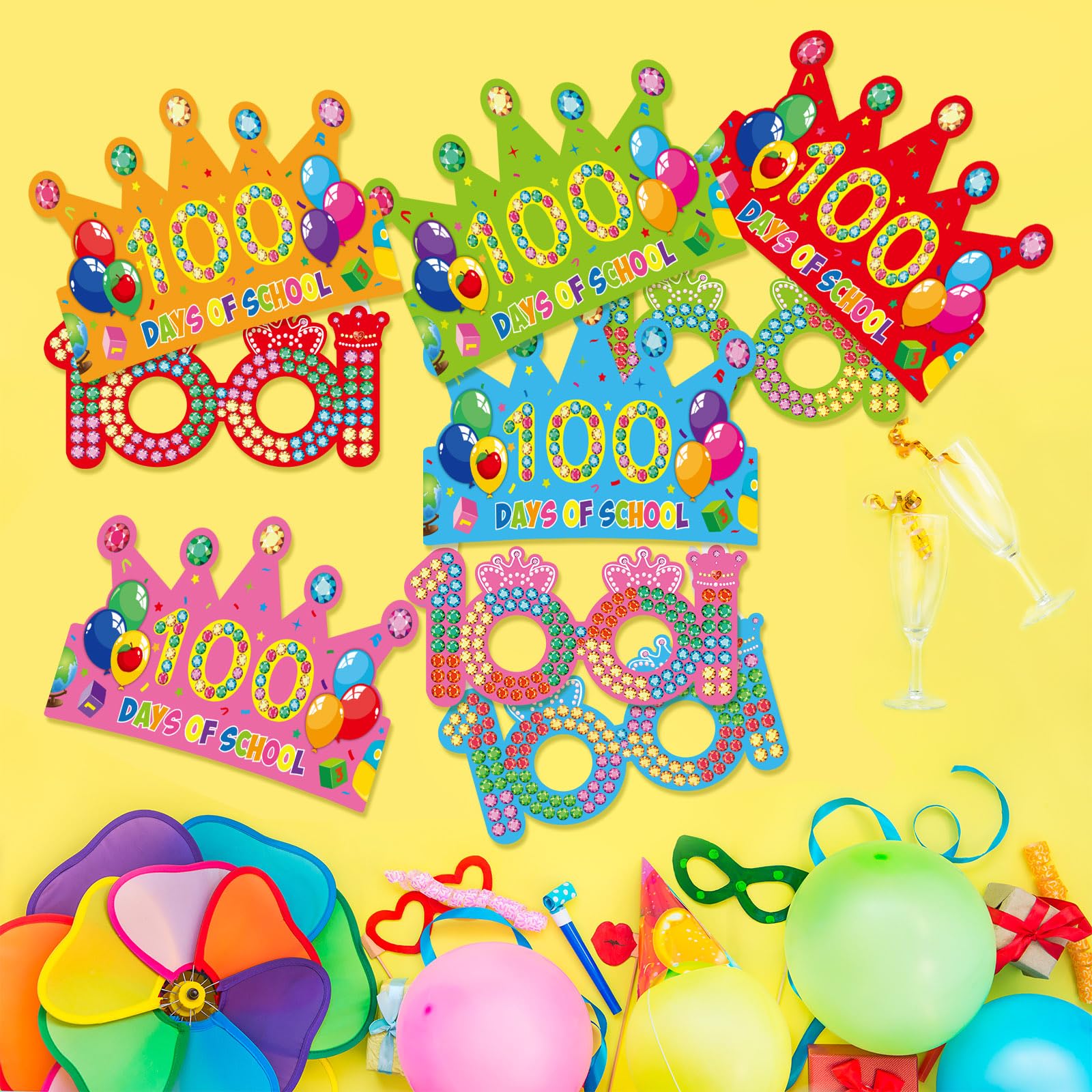 72 Pcs 100 Days of School Party Decorations Kit - 36 Sets Paper Glasses & Crowns for 100th Day Celebration - Perfect for Classroom Activities, School Events & Milestone Party Favors