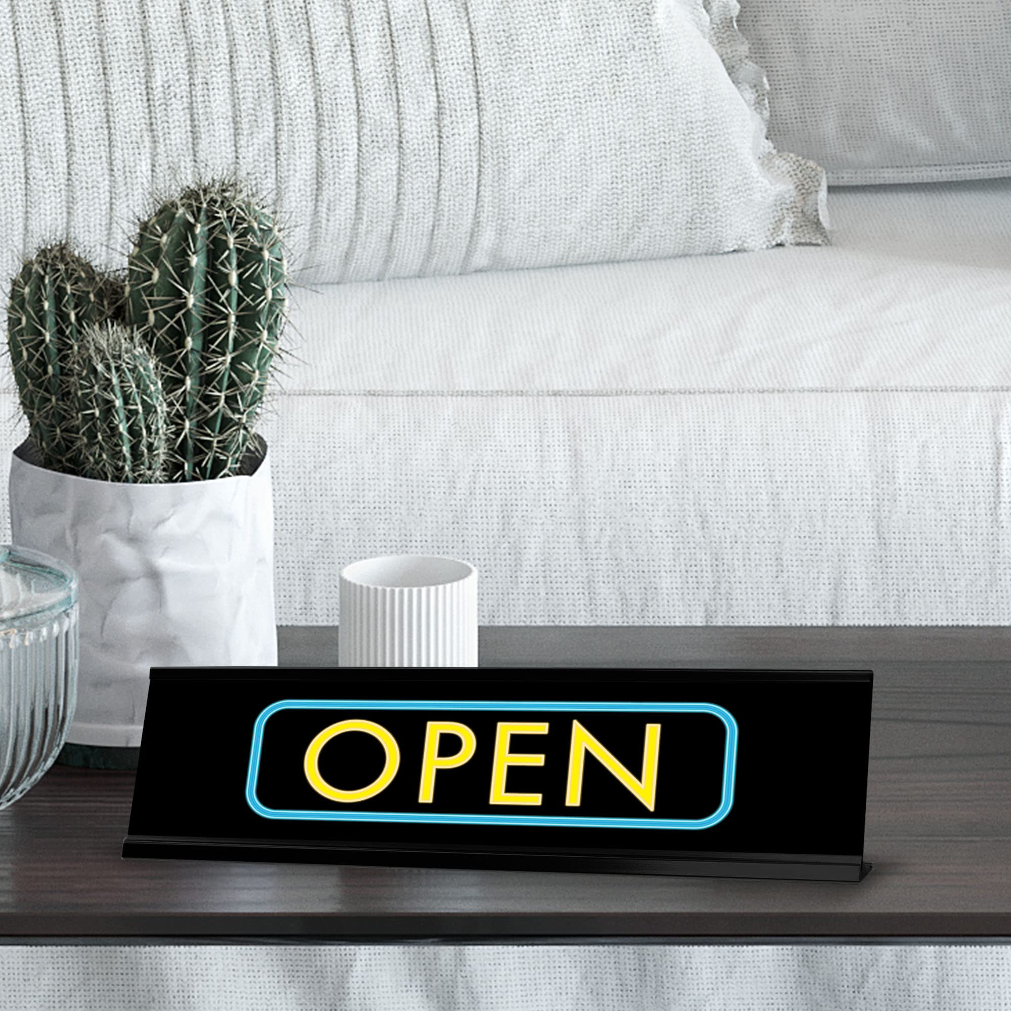 Black Frame Open Desk Sign (2x8 Inches) - Perfect for Office Decor, Reception Desks & Professional Workspaces