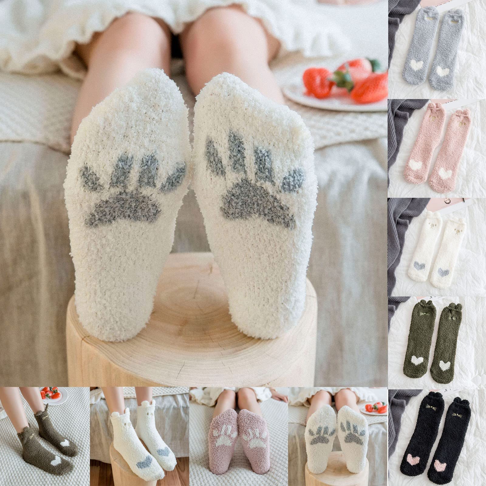 RUIVE Women's & Men's Fleece Socks - Cartoon Fuzzy Winter Slipper Socks with Embroidery - Ultra Soft Warm Thick House Socks for Indoor/Outdoor - Perfect for Home, Office & Travel (White, One Size)