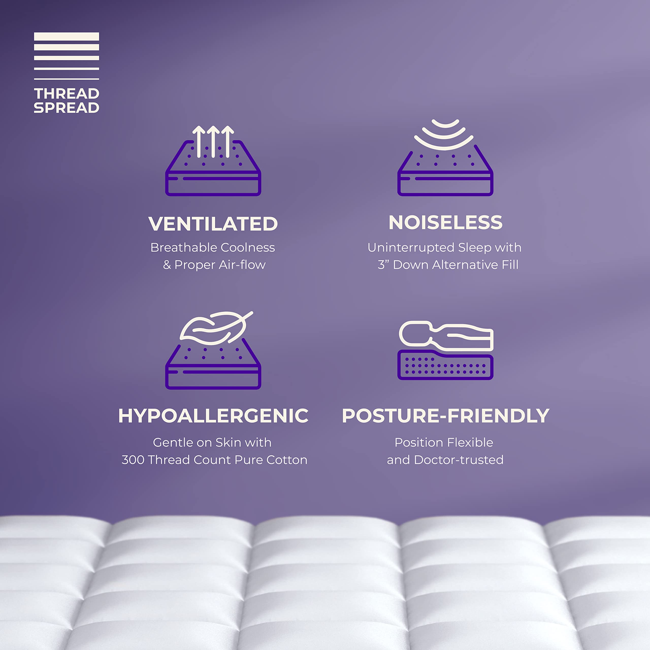 THREAD SPREAD Queen Cooling Mattress Topper - 100% Cotton Soft Fabric, Breathable Quilted Down Alternative Filling | Pillow-Top Design for Optimal Comfort & Temperature Regulation | Fits Queen Beds with Deep Pocket (16-18