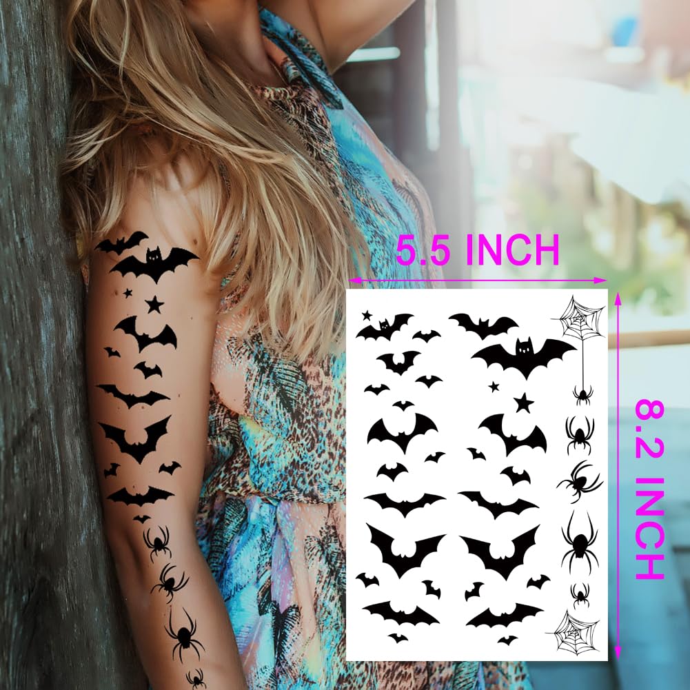6-Pack Halloween Temporary Tattoos - Spooky Bat & Spider Designs (5.5