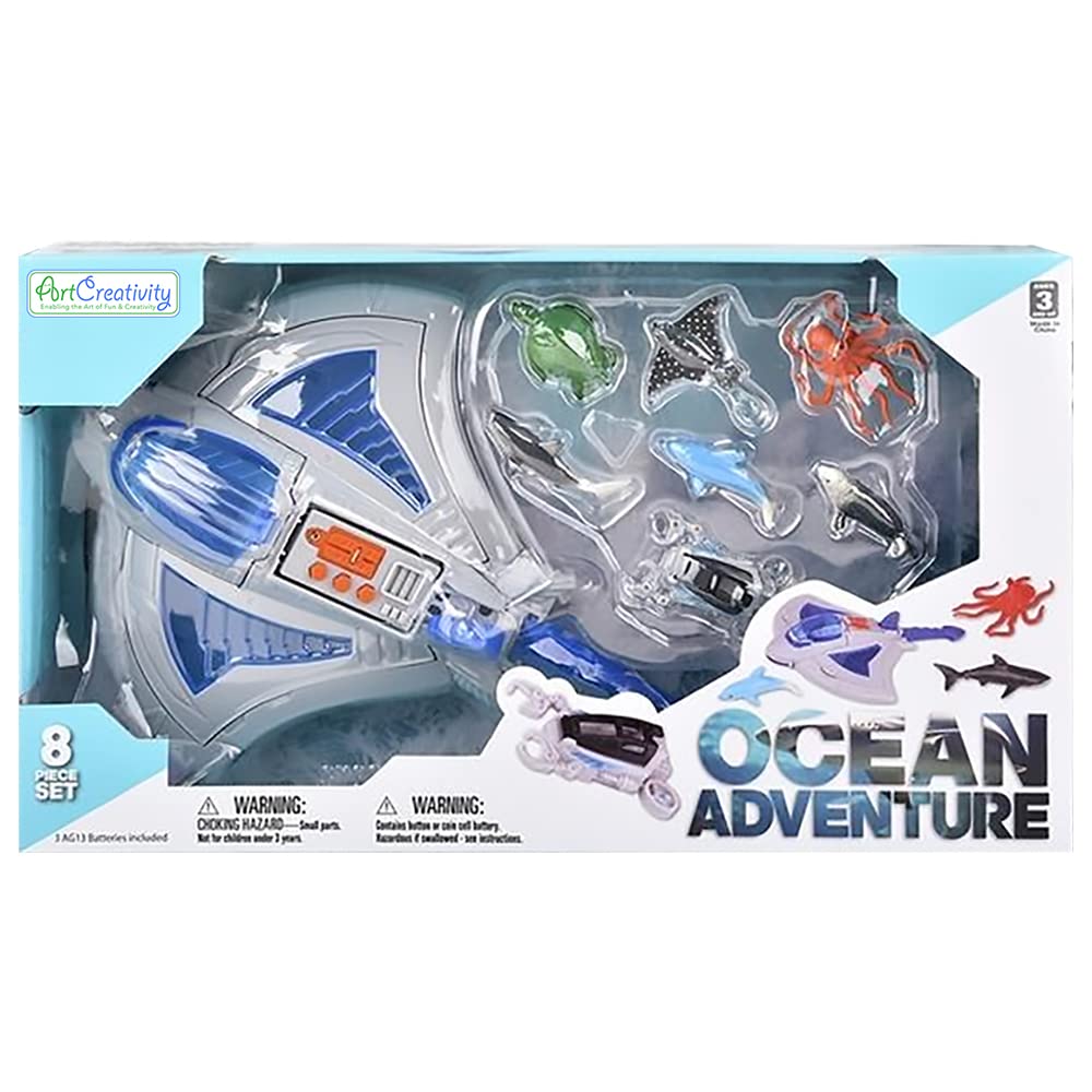 ArtCreativity Sting Ray Transporter Set with Sounds - 1 Stingray Toy & 7 Sea Creatures, Interactive Ocean Animal Toys for Kids, Underwater Party Supplies | Perfect for Birthday Gifts, Pool Playtime & Marine Education