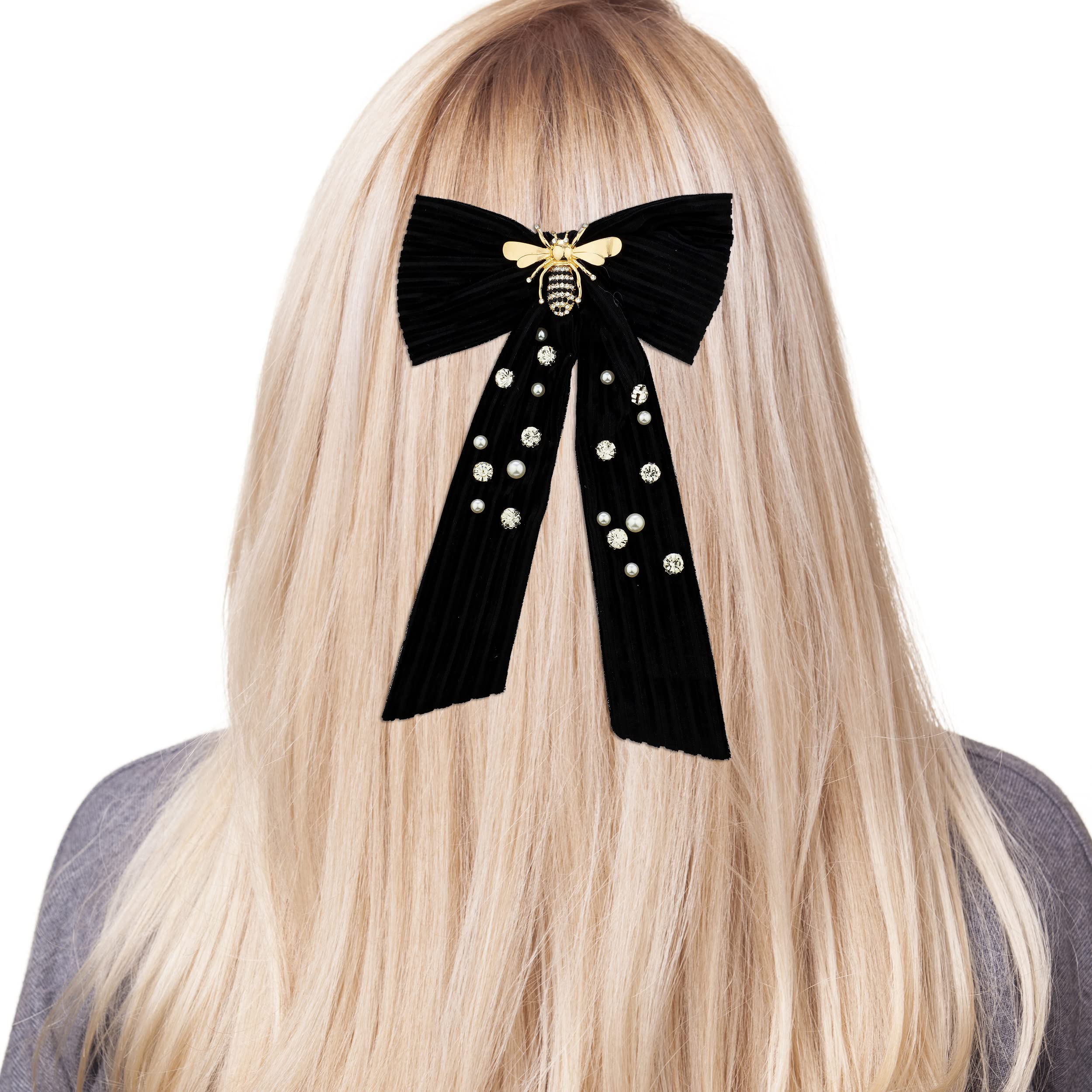 Golden Bee Hair Clip - Black Velvet Bow with Faux Pearls for Parties & Weddings