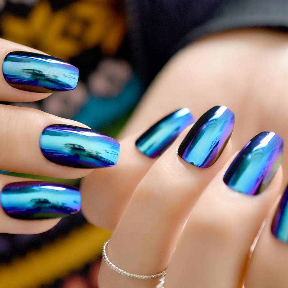Chrome Ballerina Coffin False Nails - Holographic Blue Purple Mirror Reflection Tips for Long Lasting Wear | Perfect for Parties, Weddings, and Special Events