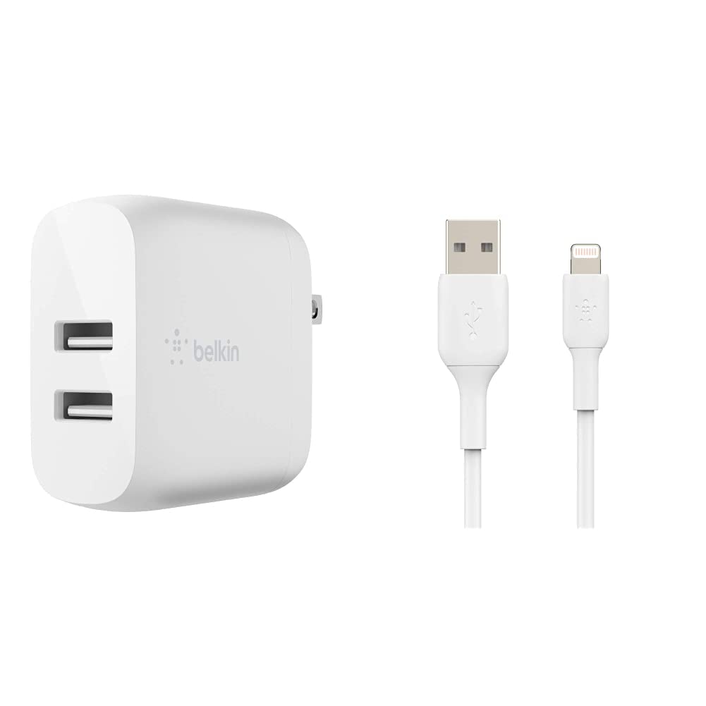Belkin Dual USB-A 24W Fast Charger with 3m MFi-Certified Lightning Cable - White (CAA001bt3MWH) | iPhone Charger for Home, Office & Travel | High-Speed Charging for iPhone, iPad & Apple Devices