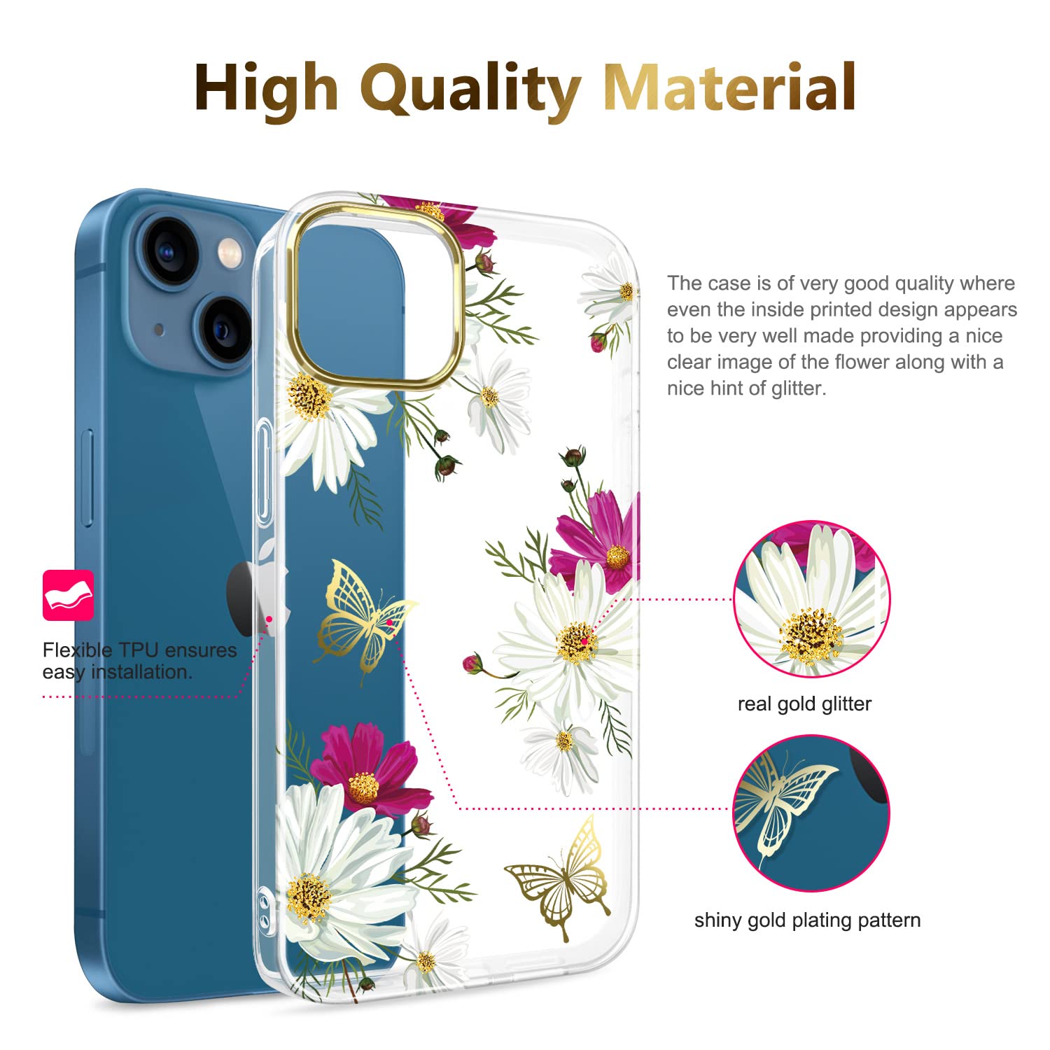 JAHOLAN iPhone 13 Case 6.1 Inch - Clear Shockproof Hard Back Cover with Floral Glitter Design, Butterfly Gold Pattern for Women & Girls | Perfect for Everyday Use, Gift Giving & Fashion Protection