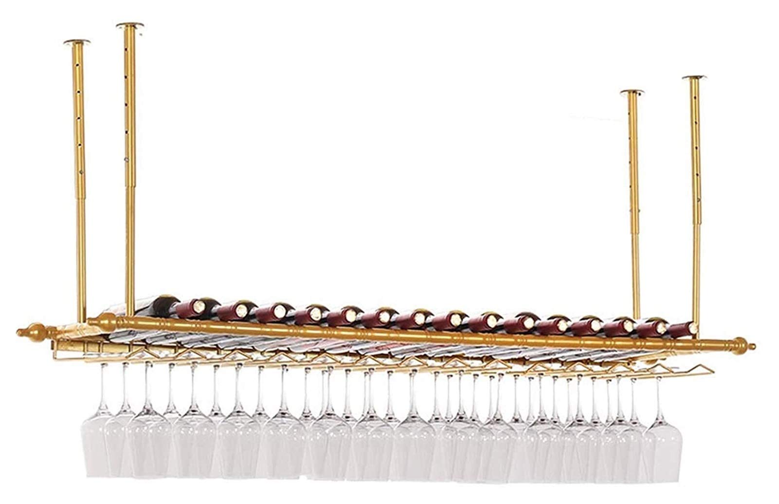LLNN Gold Wall Mounted Wine Rack - 60in Ceiling Storage for Wine Bottles & Goblets - Elegant Bar & Kitchen Decor for Upside Down Display - Perfect for Dining Room, Home Bar or Restaurant Wine Storage