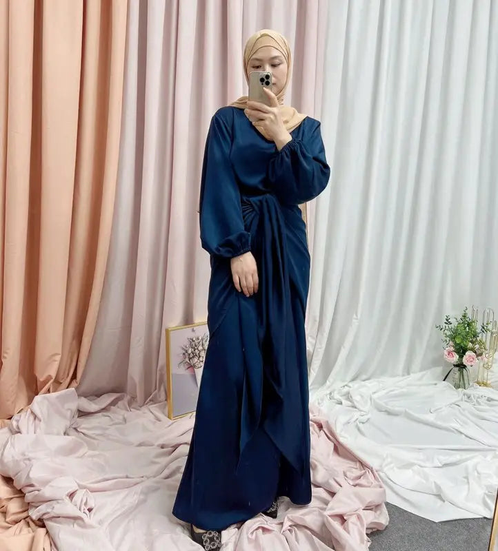 Elegant Satin Abaya Dress with Midi Wrap - Modest Muslim Women's Prayer Dress for Eid, Ramadan & Special Occasions