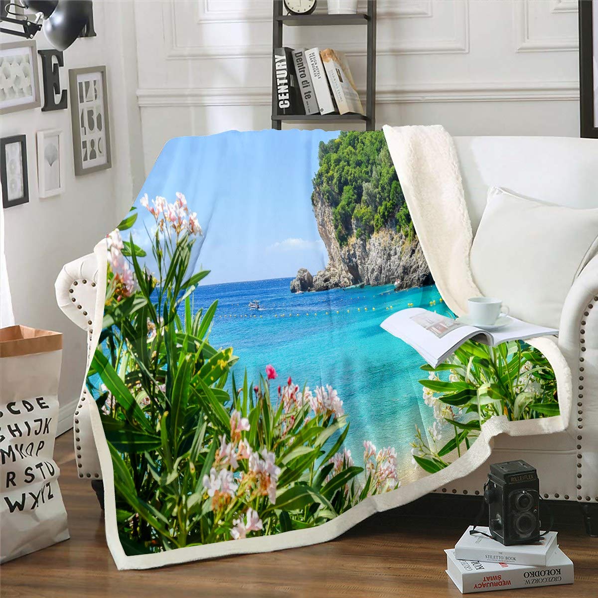 Ocean Beach Themed Sherpa Fleece Throw Blanket - 30