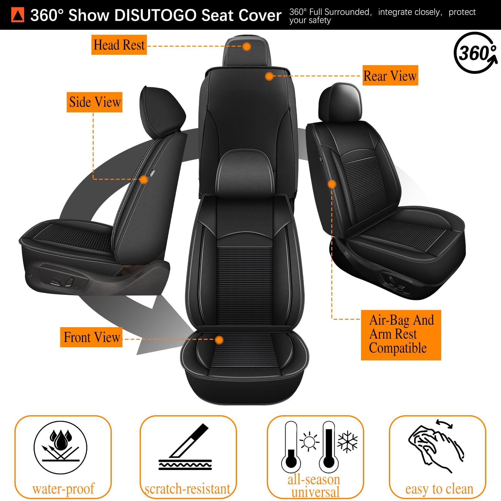 Premium Leather & Ice Silk Seat Covers for Honda Accord 2003-2017 - 5-Piece Full Set, Waterproof & Breathable Car Seat Protectors (Black) | Perfect for Daily Commuting, Road Trips & Family Protection