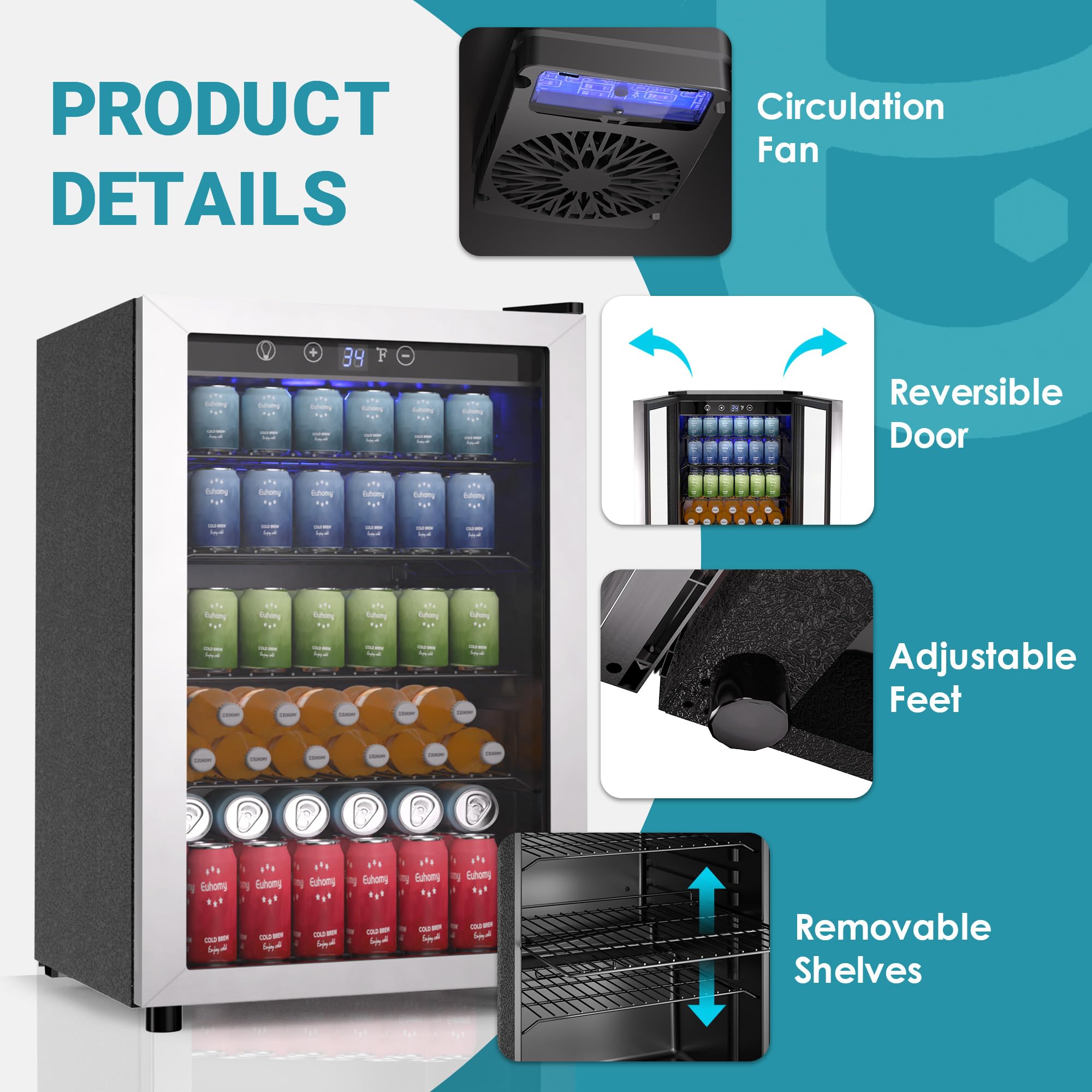 EUHOMY 4.5 Cu.ft Beverage Refrigerator - 145 Can Mini Fridge with Glass Door for Soda, Beer, Wine - Digital Adjustable Thermostat Cooler for Home, Office, Bar - Perfect for Parties, Entertaining & Daily Drink Storage