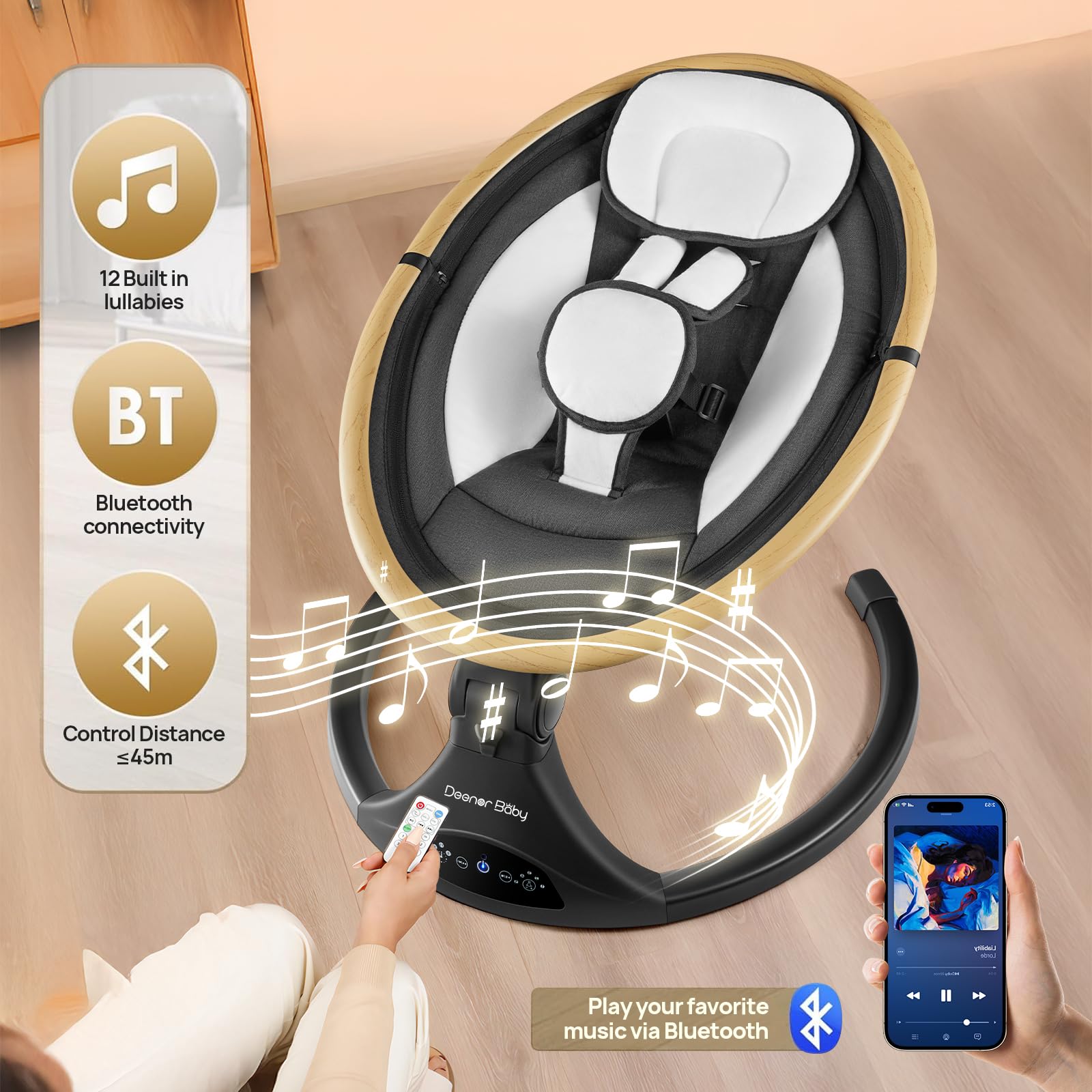 **Electric Baby Swing for Newborns to Toddlers - 5 Speed Adjustable, Portable Infant Swing with 5-Point Safety Harness & 3 Reclining Positions (Black) - Perfect for Nursery, Travel & Soothing Fussy Babies**