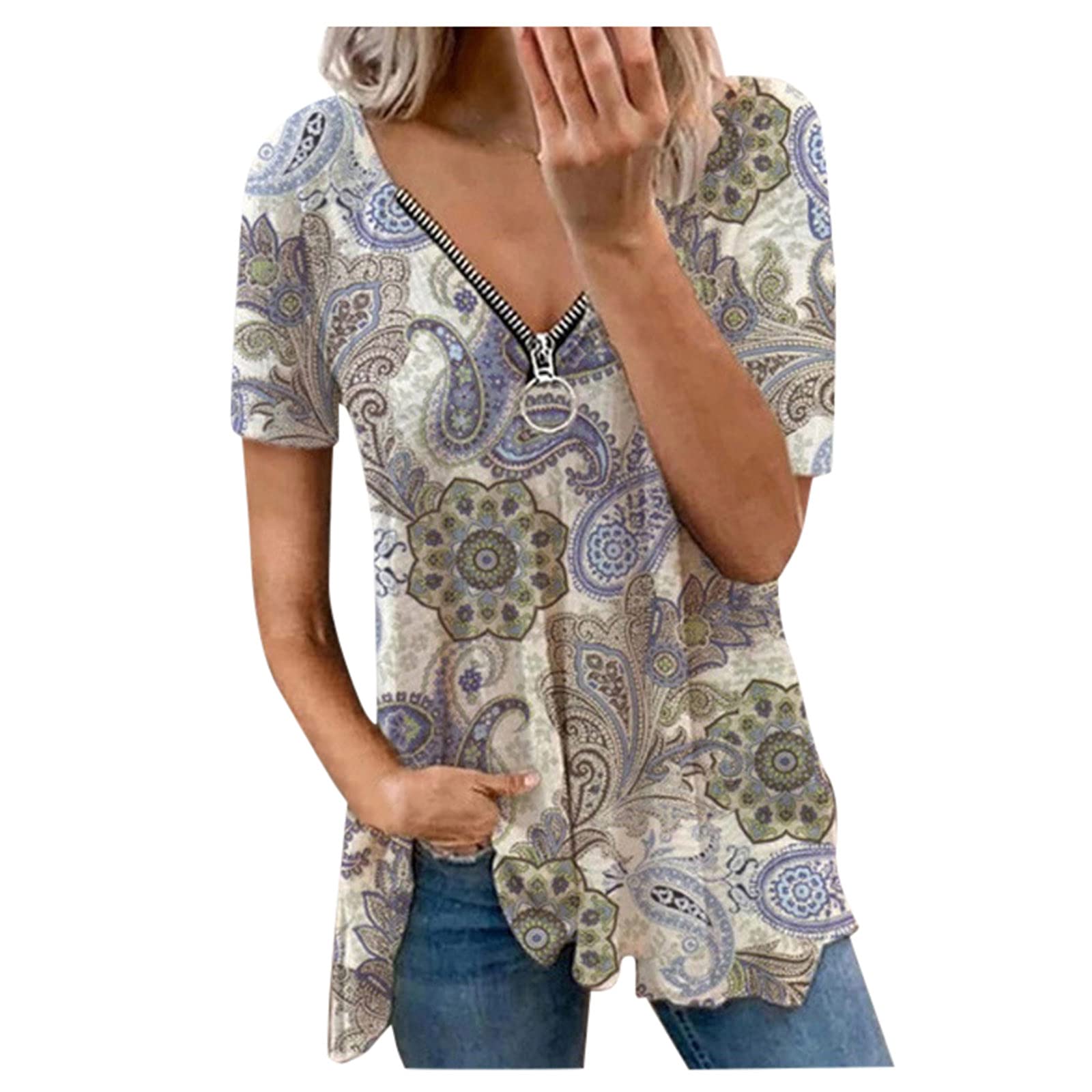 Funny Women's Summer Short Sleeve T-Shirts - Floral Print Loose Fit Crewneck Blouse Tops for Casual Wear, Beach Outfits & Vacation Style