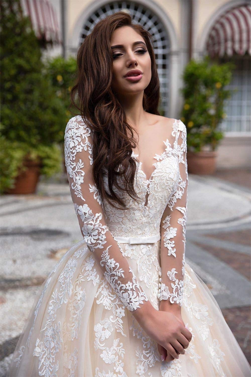 Elegant Ivory Lace A-Line Wedding Dress for Bride 2021 - Long Sleeve Princess Beach Bridal Gown | Perfect for Beach Weddings, Outdoor Ceremonies & Romantic Photoshoots
