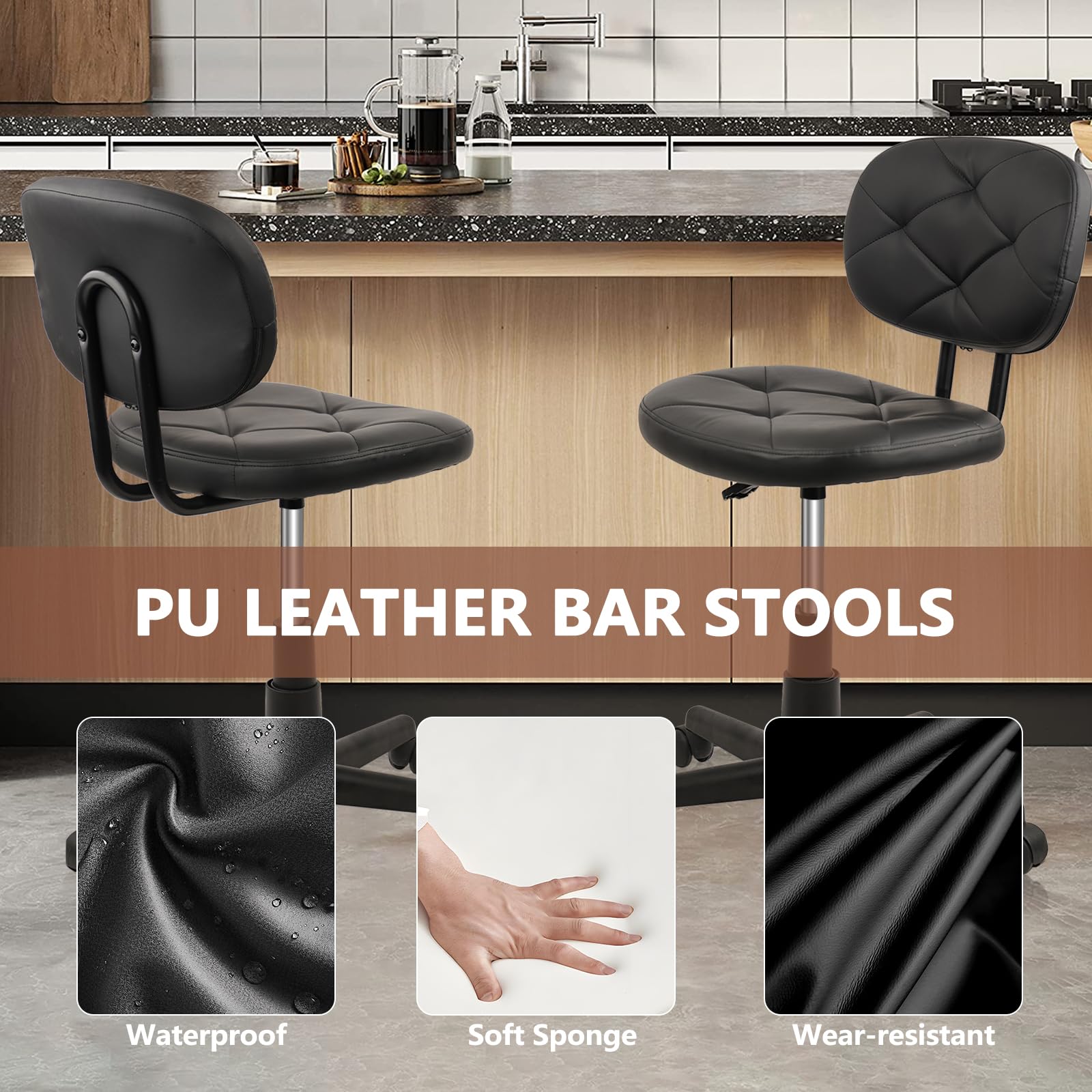 Adjustable Height Rolling Stool Chair with PU Leather Backrest - Ergonomic Office Chair for Standing Desk, Computer Work & Home Use - Set of 2 (Ideal for Small Spaces, Salon, Kitchen & Workspaces)