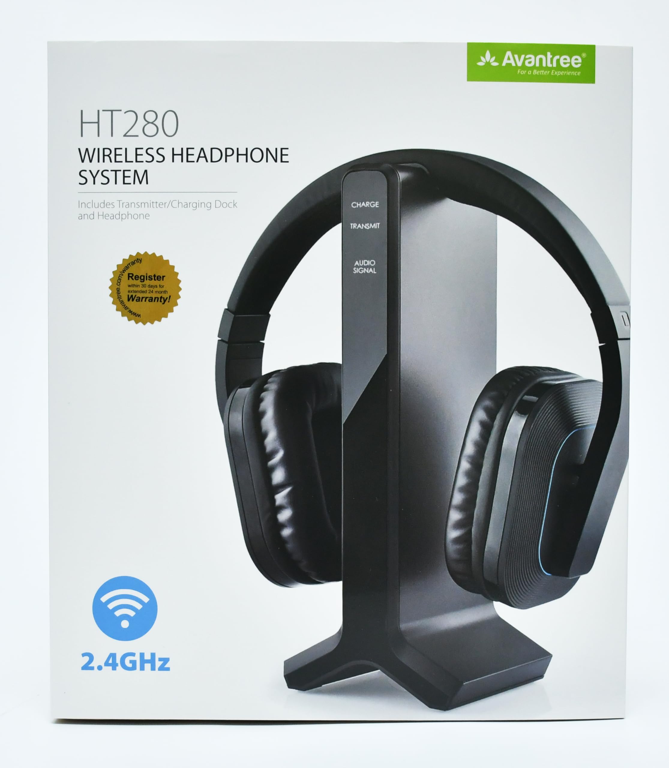 Avantree HT280 Wireless Headphones for TV - 2.4G RF Transmitter with Charging Dock, Digital Optical Audio, High Volume for Seniors, 100ft Range, No Delay, Plug & Play - Perfect for Home Theater, Late Night Viewing & Hearing Assistance