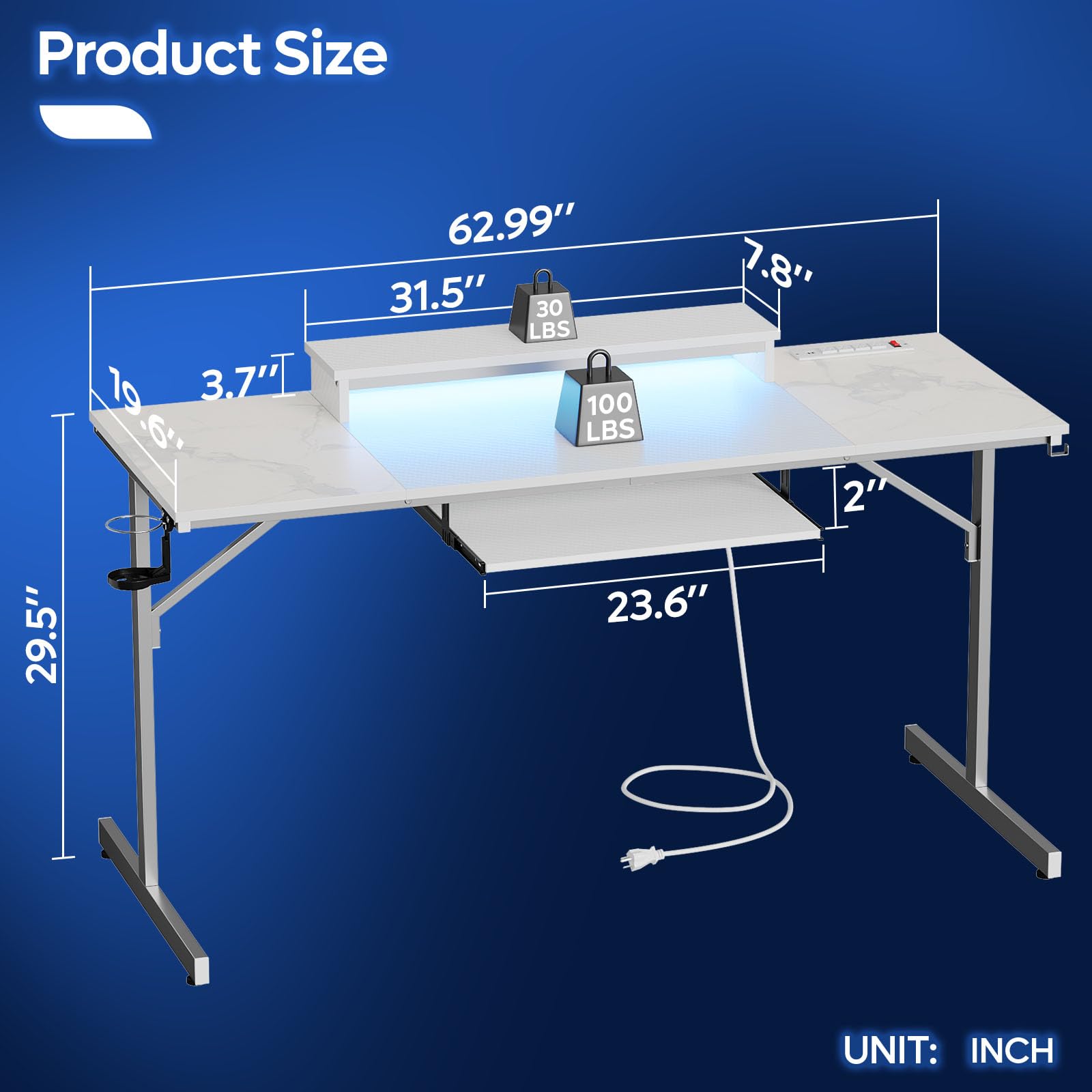 Bestier 63 Inch LED Gaming Desk with Power Outlets - Ergonomic Computer Desk with Adjustable Laptop Stand & Keyboard Tray - Modern Home Office PC Desk with Headset Hook (Carbon Fiber/Marble White) - Perfect for Gaming Setup, Workstation & Small Space Home Office
