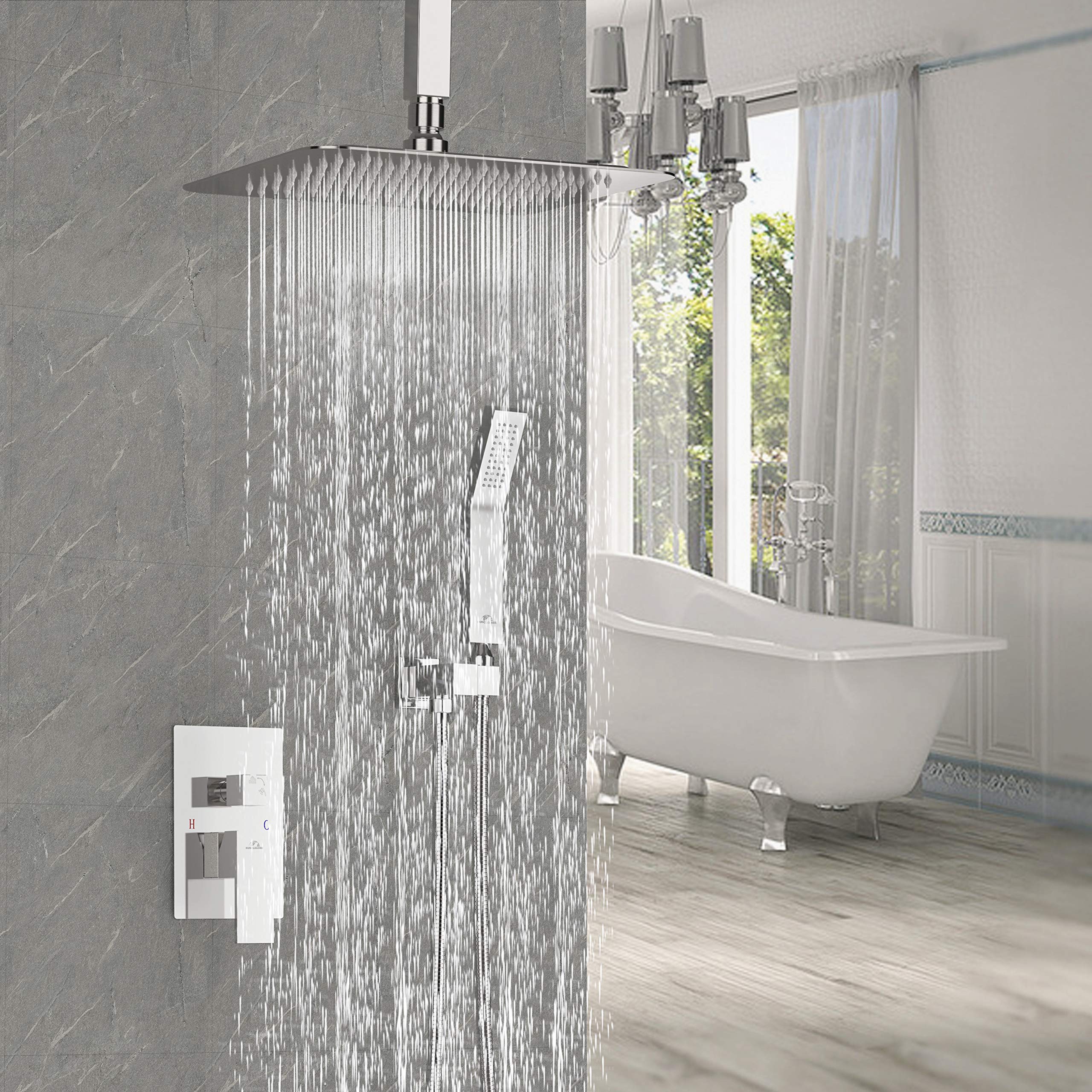SunCleanse Rainfall Shower Faucet Set - Polished Chrome Bathroom Shower Combo with High Pressure 10 Inch Rain Shower Head & Handheld Sprayer - Ceiling Mounted for Luxurious Spa Experience at Home