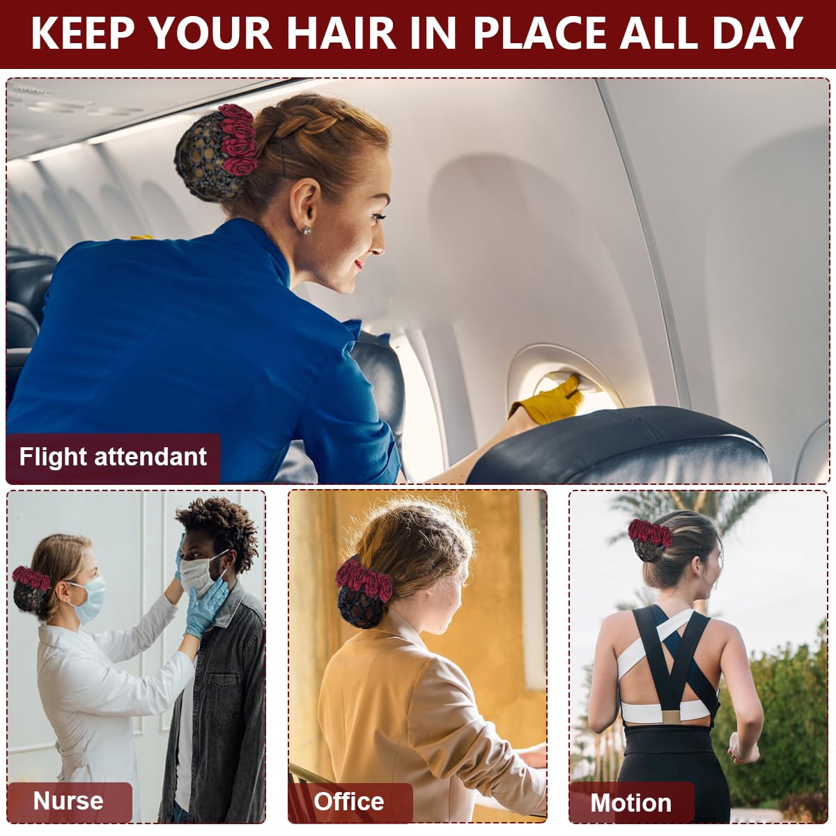 MAYCREATE® Women's Floral Hair Bun Clip with Net - Elegant Hair Accessories for Work, Daily Use, Dancers & Nurses (Red) | Perfect for Professional, Casual & Dance Occasions