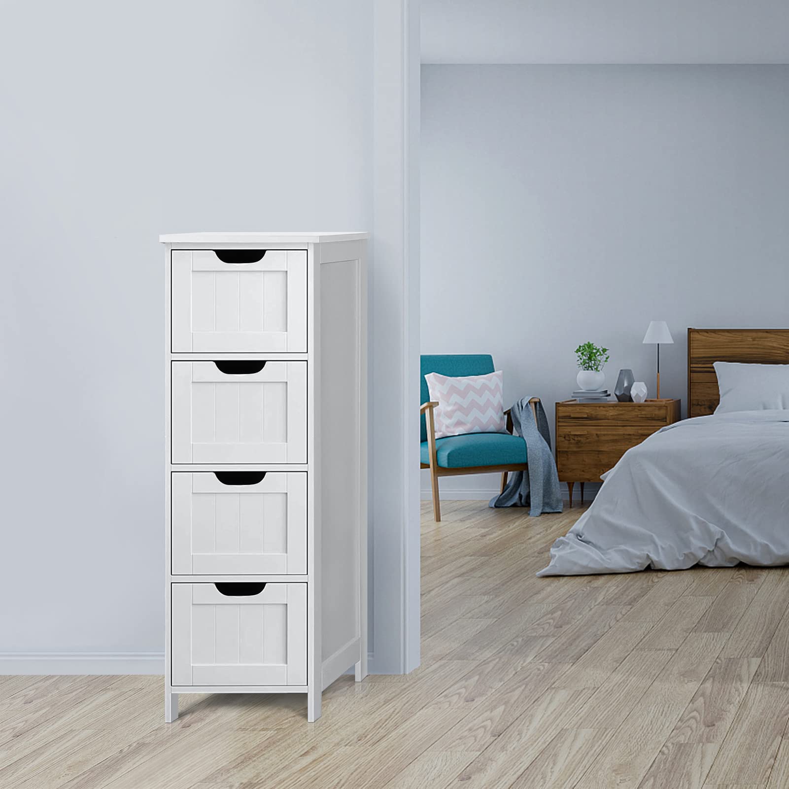 White Bathroom Floor Cabinet with 4 Drawers - Wooden Storage Organizer for Bathroom, Living Room, Bedroom & Hallway - Perfect for Small Space Organization & Home Decor