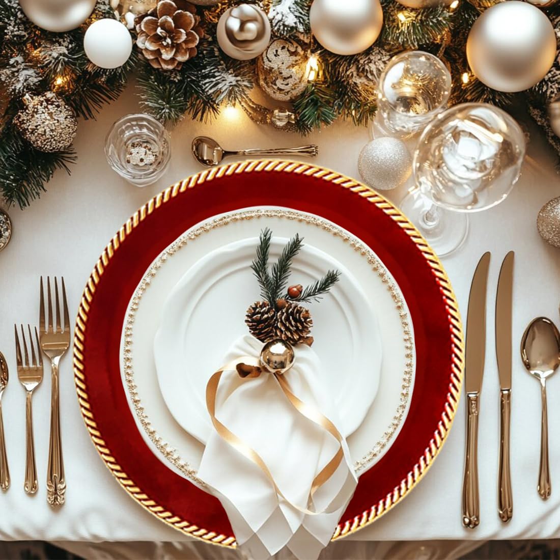 12-Piece Red Plastic Beaded Charger Plates - 13 Inch Round Decorative Dinner Plates for Weddings, Christmas, Events & Tabletop Decor - Elegant Place Settings for Holiday Parties, Banquets & Formal Dining