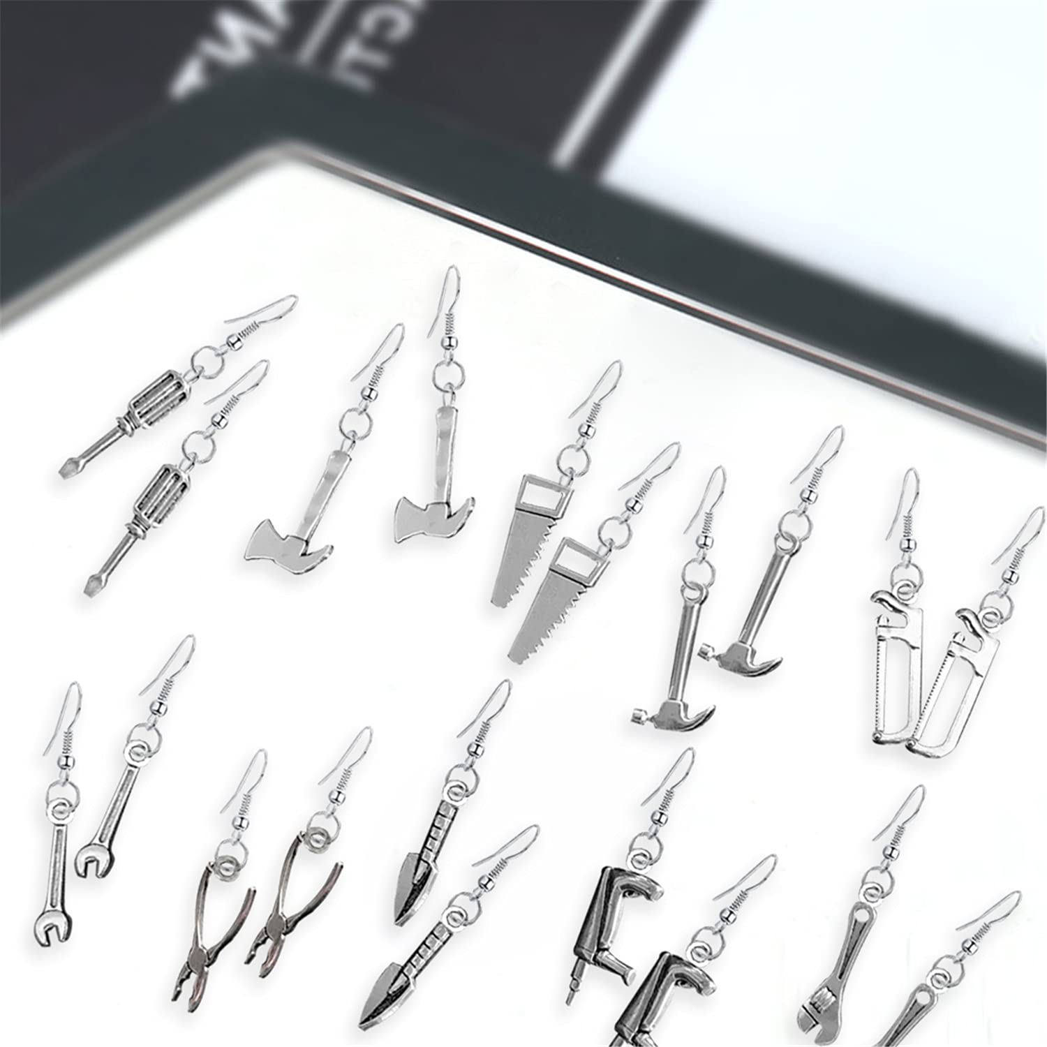 10 Pairs Vintage Silver Tool Axe & Wrench Dangle Earrings - Handmade Lightweight Punk Jewelry for Women | Funky Quirky Drop Earrings for Parties, Concerts & Everyday Wear
