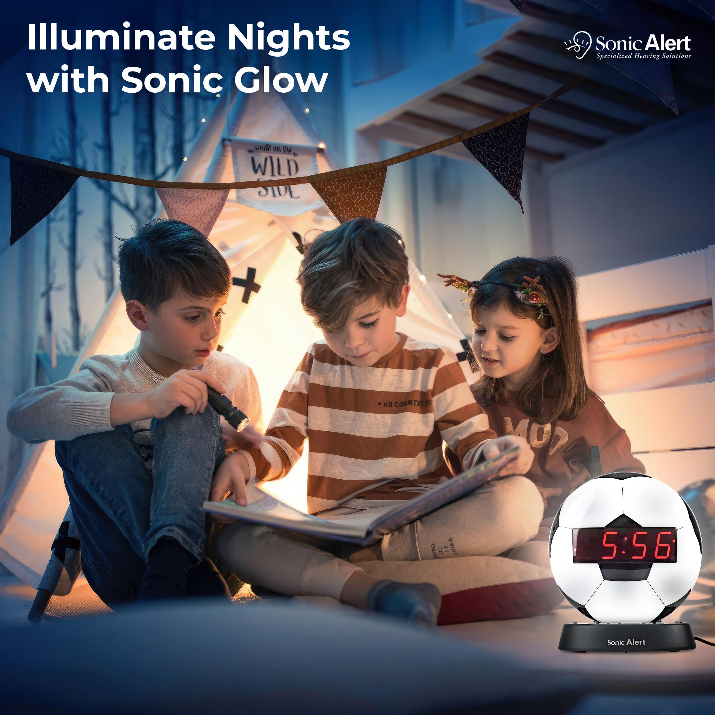 Sonic Alert Glow Night Light Soccer Ball Alarm Clock - Loud & Compact Digital Alarm Clock for Bedroom with Battery Backup & Dimmer - Easy to Set Alarm Clock for Kids & Adults - Perfect for Nightstands, Dorms, Travel & Gift Giving