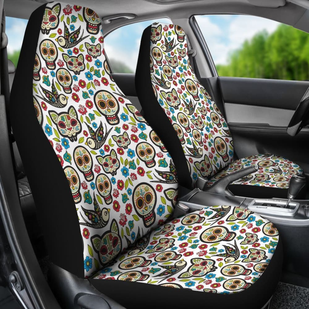 2 Pcs Floral Sugar Skull Car Seat Covers - Day of The Dead Mexican Style Decor for Cars, Trucks & SUVs - Perfect for Halloween, Dia de los Muertos Celebrations & Gothic Car Accessories