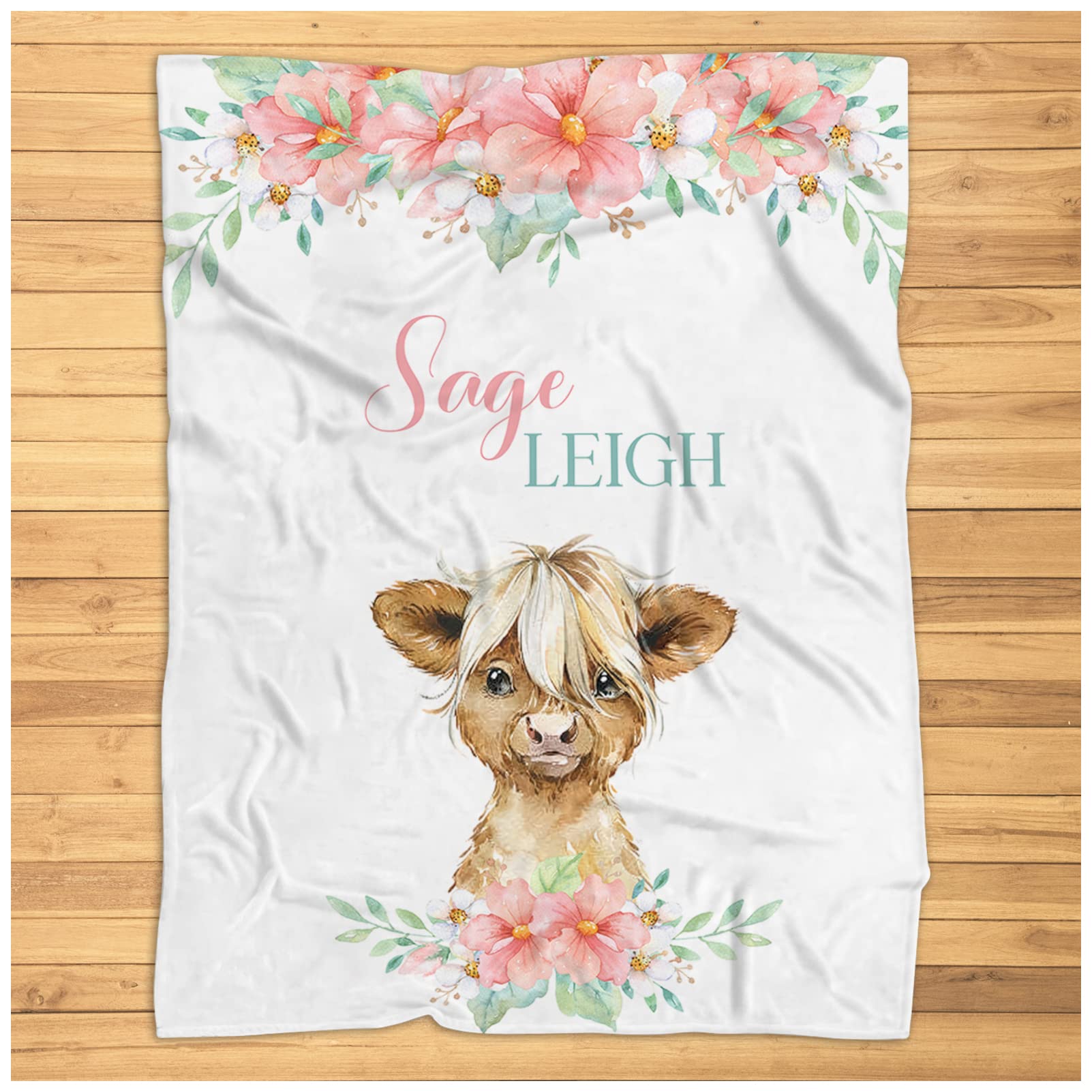 Personalized Baby Girl Blanket with Cow Design - Super Soft Plush Farm Animal Blanket for Newborns & Toddlers - Custom Name Floral Cow Baby Bedding - Perfect for Nursery, Photo Shoots & Gift Giving