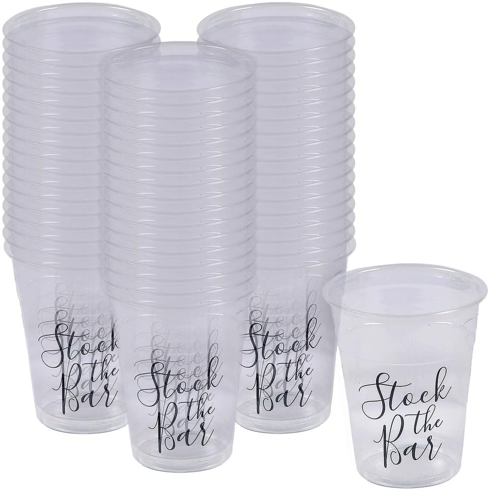 Fun Express STOCK THE BAR CLEAR PLASTIC CUPS - 50-Piece Party Supplies for Cocktails, Mocktails & Beverages - Perfect for Weddings, BBQs, and Home Entertaining
