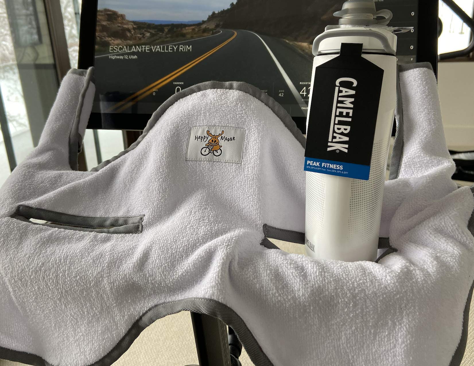 Original Peloton® Bike Towel with Camelbak Peak Fitness Water Bottle - Sweat Absorbing Workout Accessories for Indoor Cycling, Gym & Home Fitness Training