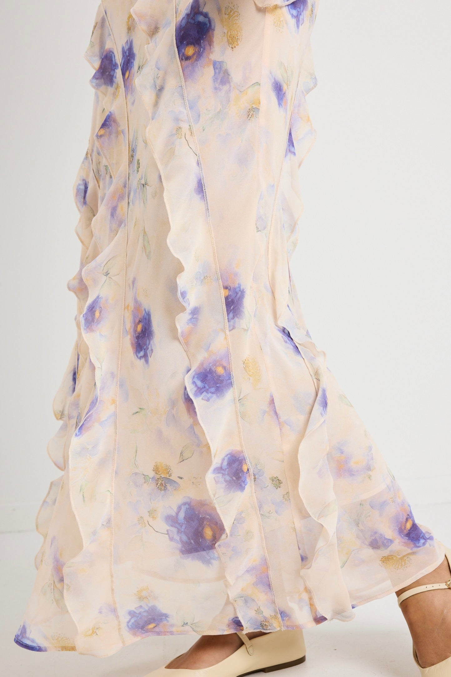 Galore Peach Blue Floral Bias Ruffle Slip Maxi Dress - Women's Summer Beach Wedding Party Dress for Vacation & Special Occasions