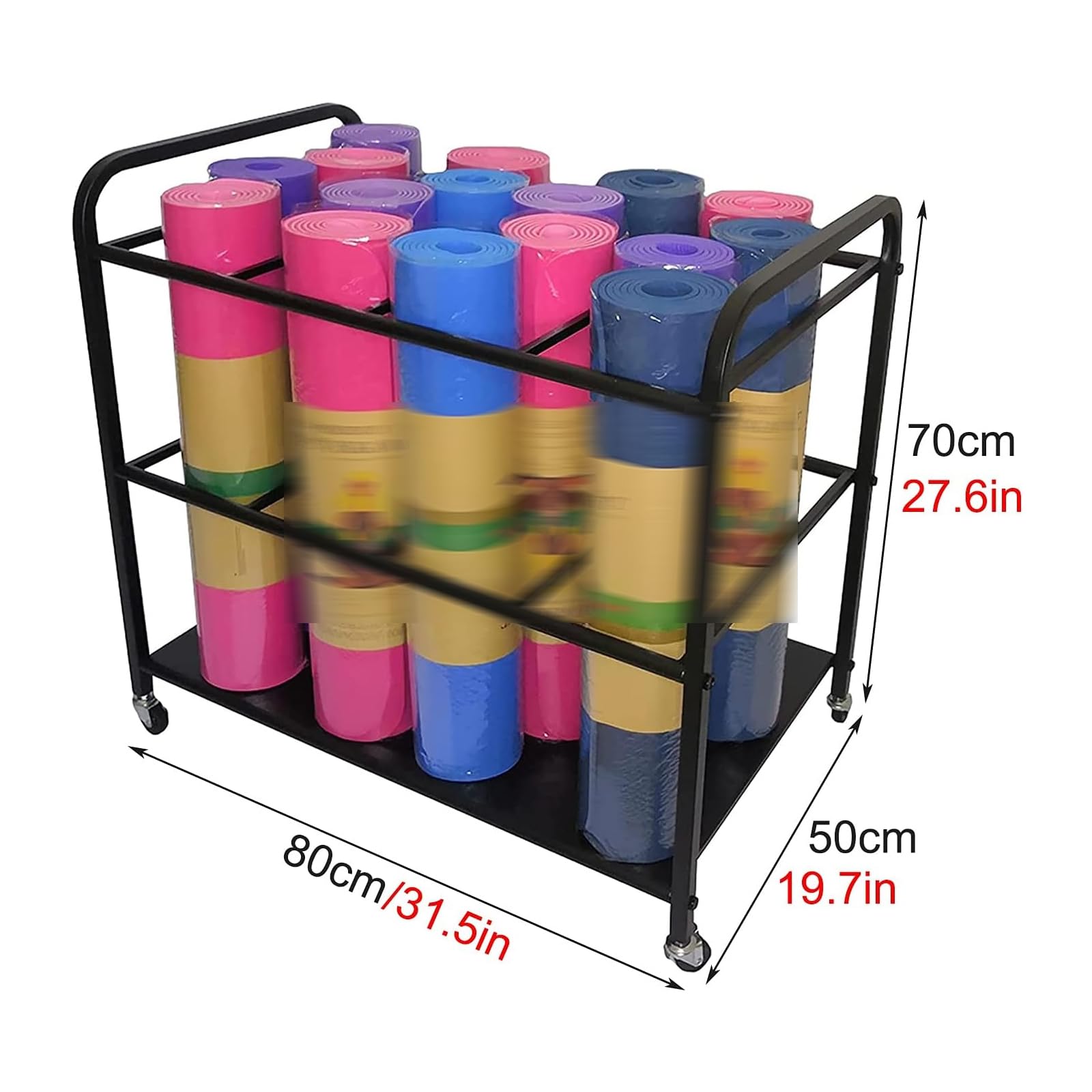 Premium Black Metal Yoga Mat Storage Cart with Lockable Wheels - Heavy Duty Foam Roller Organizer Rack for Gym & Yoga Studio - Perfect for Home Fitness Equipment Organization