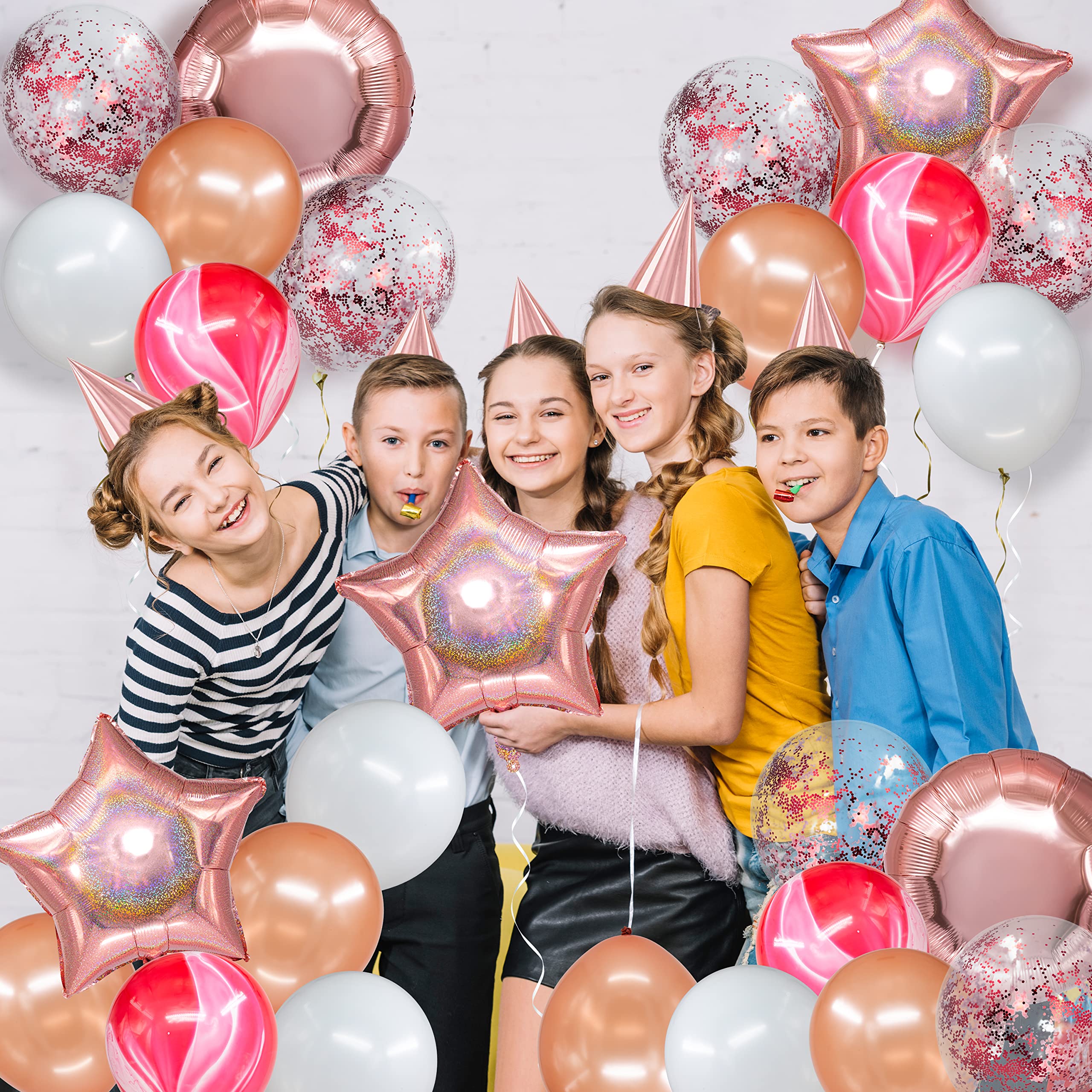 Rose Gold Balloon Garland Kit - 50PCS Rose Gold, Pink & White Balloons with Confetti for Birthday, Wedding, Engagement, Bridal & Baby Showers - Perfect for Party Backdrops, Photo Booths & Ceiling Decorations