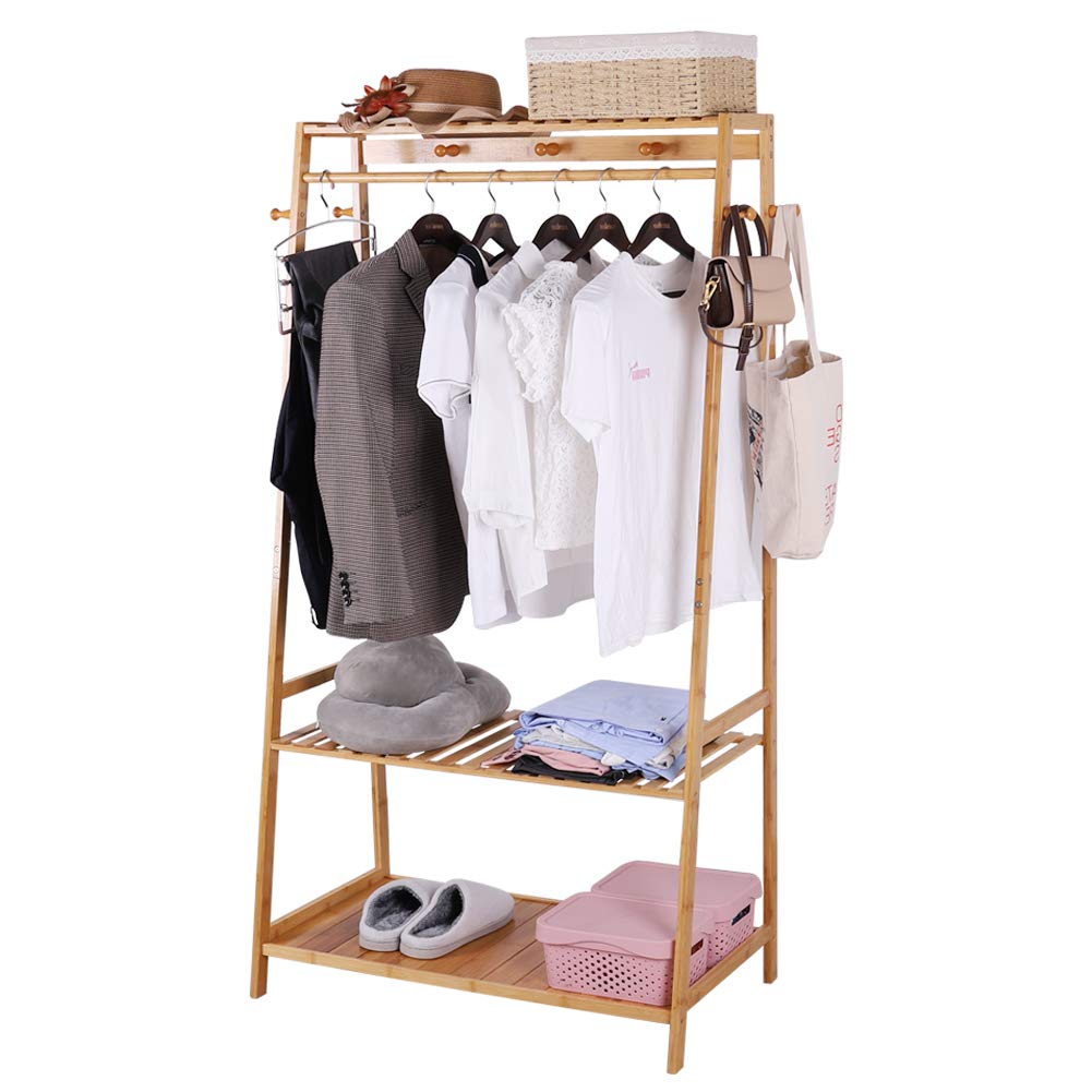 Wooden Floor Standing Clothes Rack - Open Wardrobe Bamboo Coat Hanger with Shoe Rack, Multifunctional Bedroom Clothing Organizer for Jackets, Dresses & Accessories - Perfect for Small Spaces, Dorm Rooms & Closet Organization