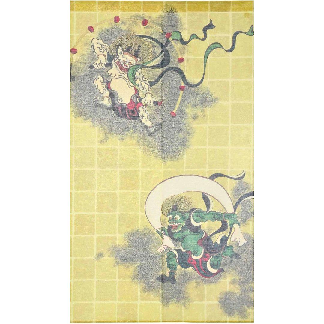 Japanese Noren Curtain - Fujin Raijin Wind and Thunder Gods Design with Gold Thread | Traditional Entryway Divider for Home, Restaurant & Zen Decor