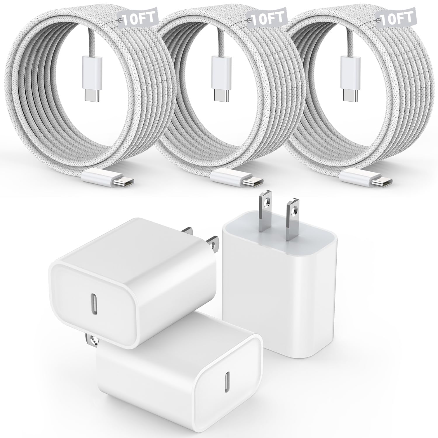 [3 Pack] 10FT USB C to C Fast Charging Cable with 20W Wall Charger - Braided Nylon, Compatible with iPhone 16/15 Series & iPad Pro - Perfect for Home, Office & Travel Charging
