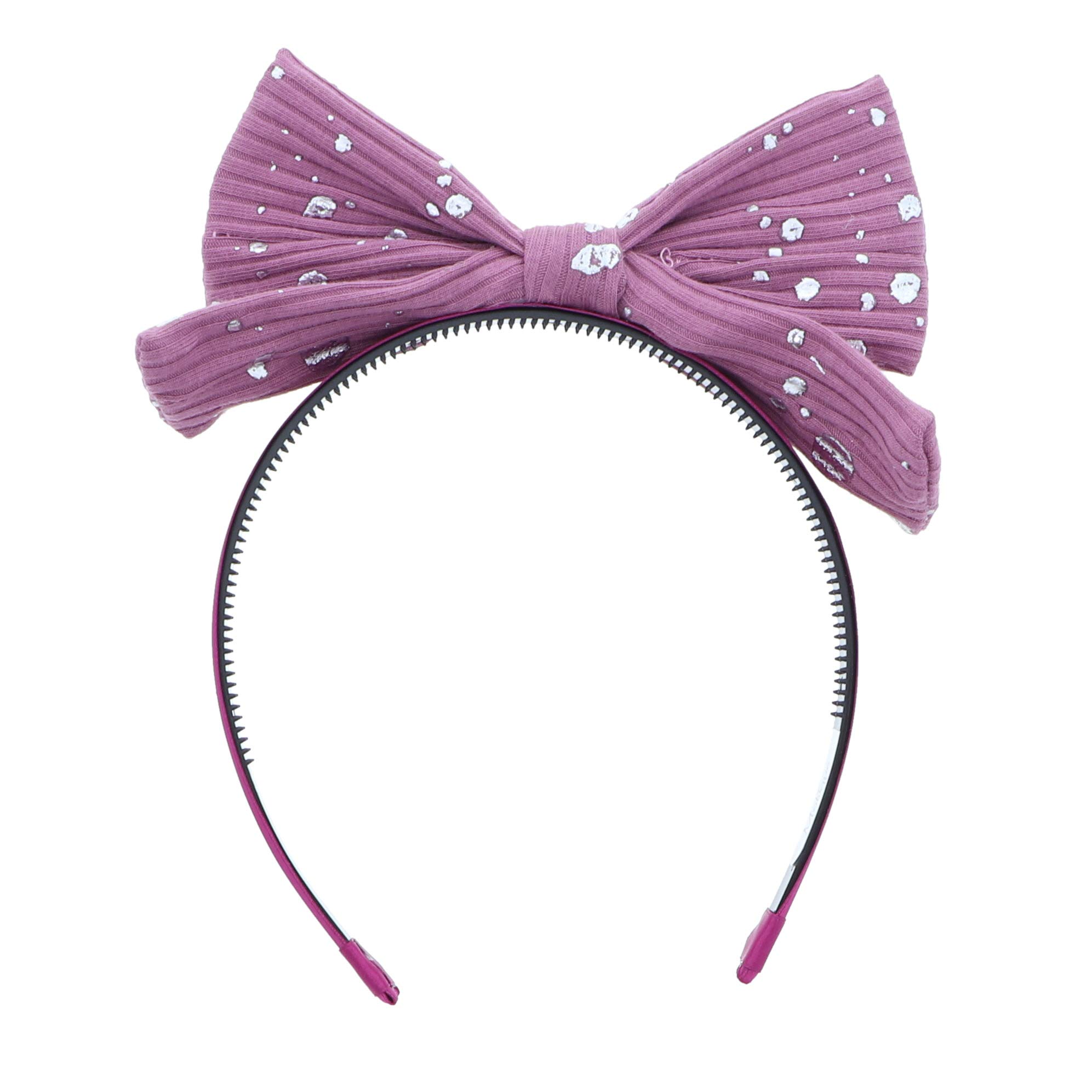 Motique Small Ribbed Pop Up Bow Headband with Silver Splatter for Girls - Rose | Stylish Hair Accessories for School, Parties & Everyday Wear