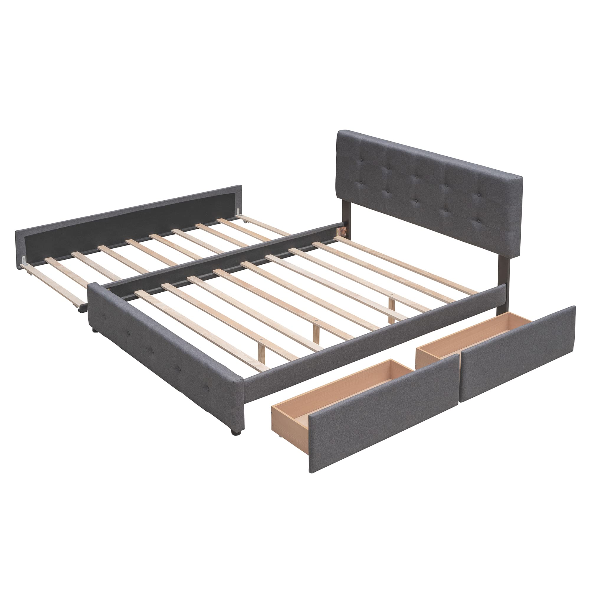Queen Size Upholstered Platform Bed with 2 Storage Drawers & Twin XL Trundle - Linen Fabric Wooden Bed Frame in Dark Gray | Space-Saving Storage Solution for Small Bedrooms & Guest Rooms